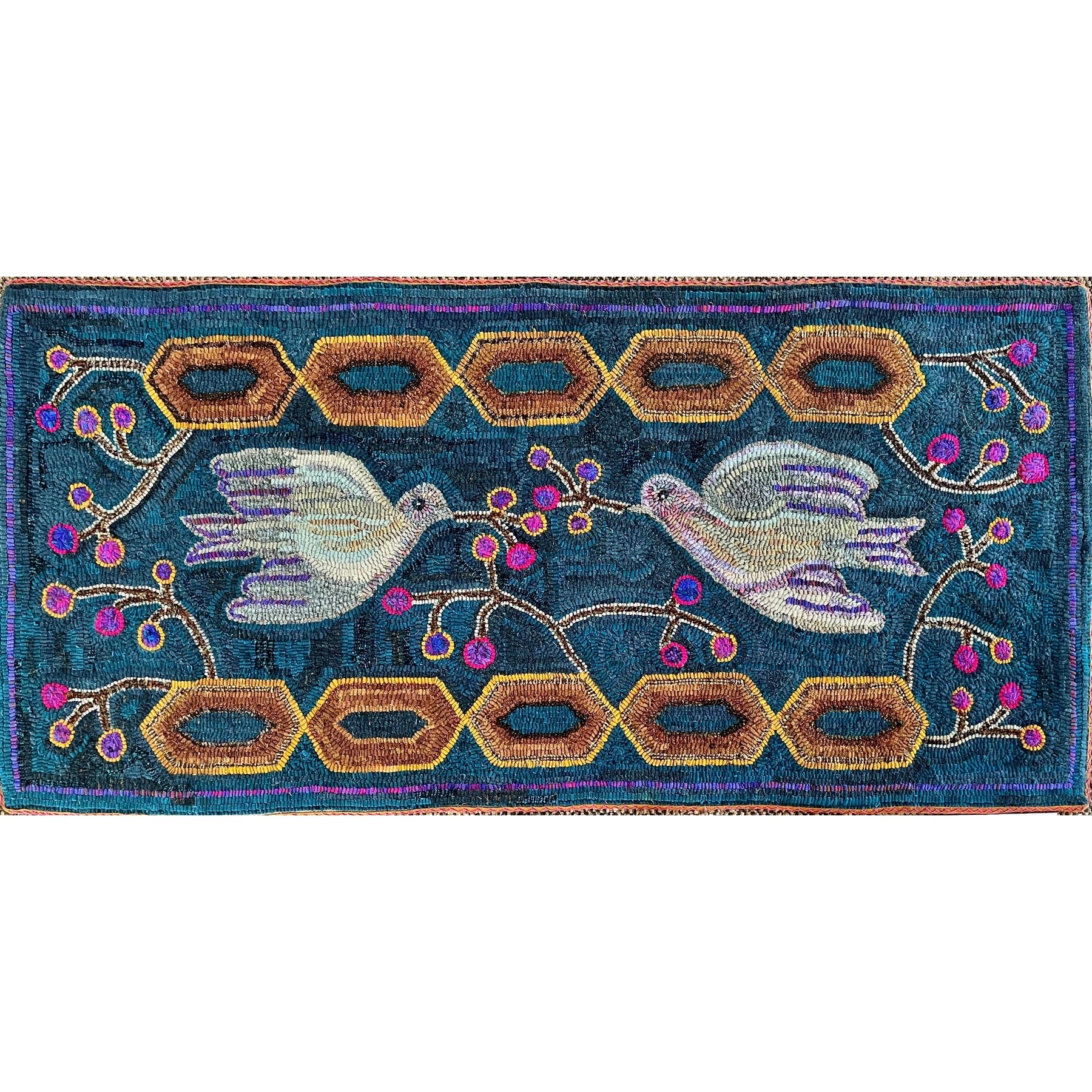 Doves + Berries, rug hooked by Gina Paschal