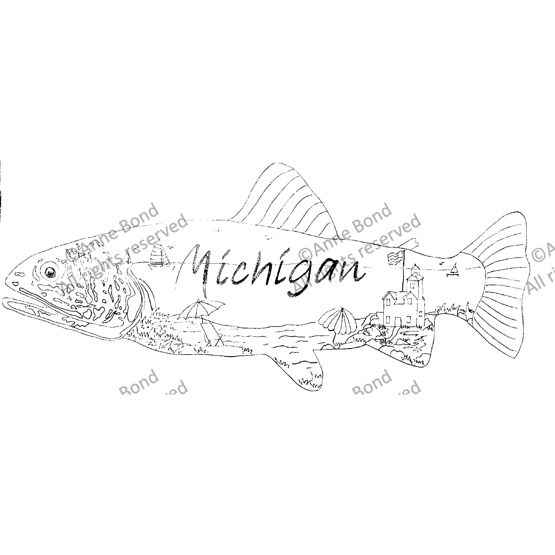 Michigan's Fish, rug hooking pattern