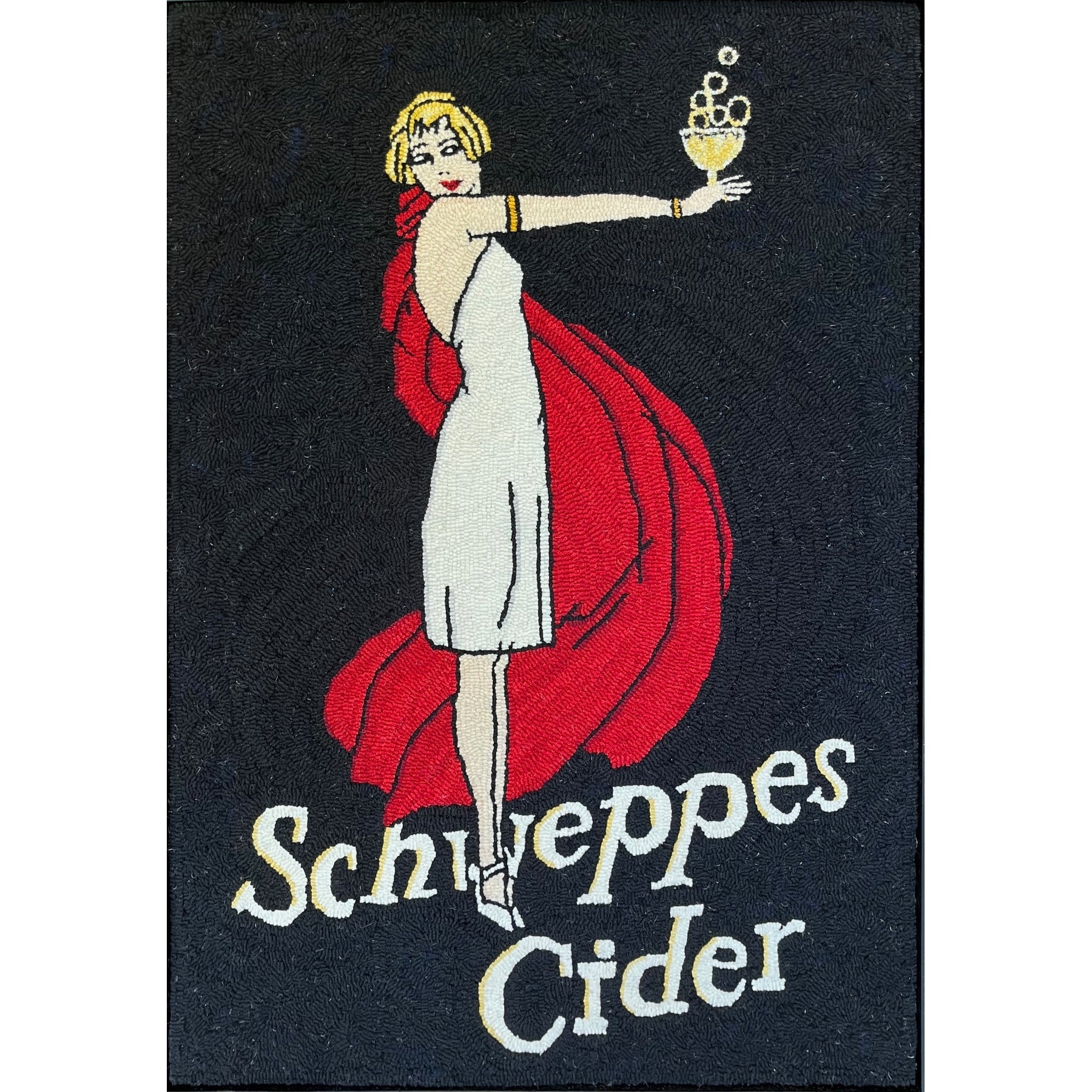 Schweppes Poster, rug hooked by Merri Rieger