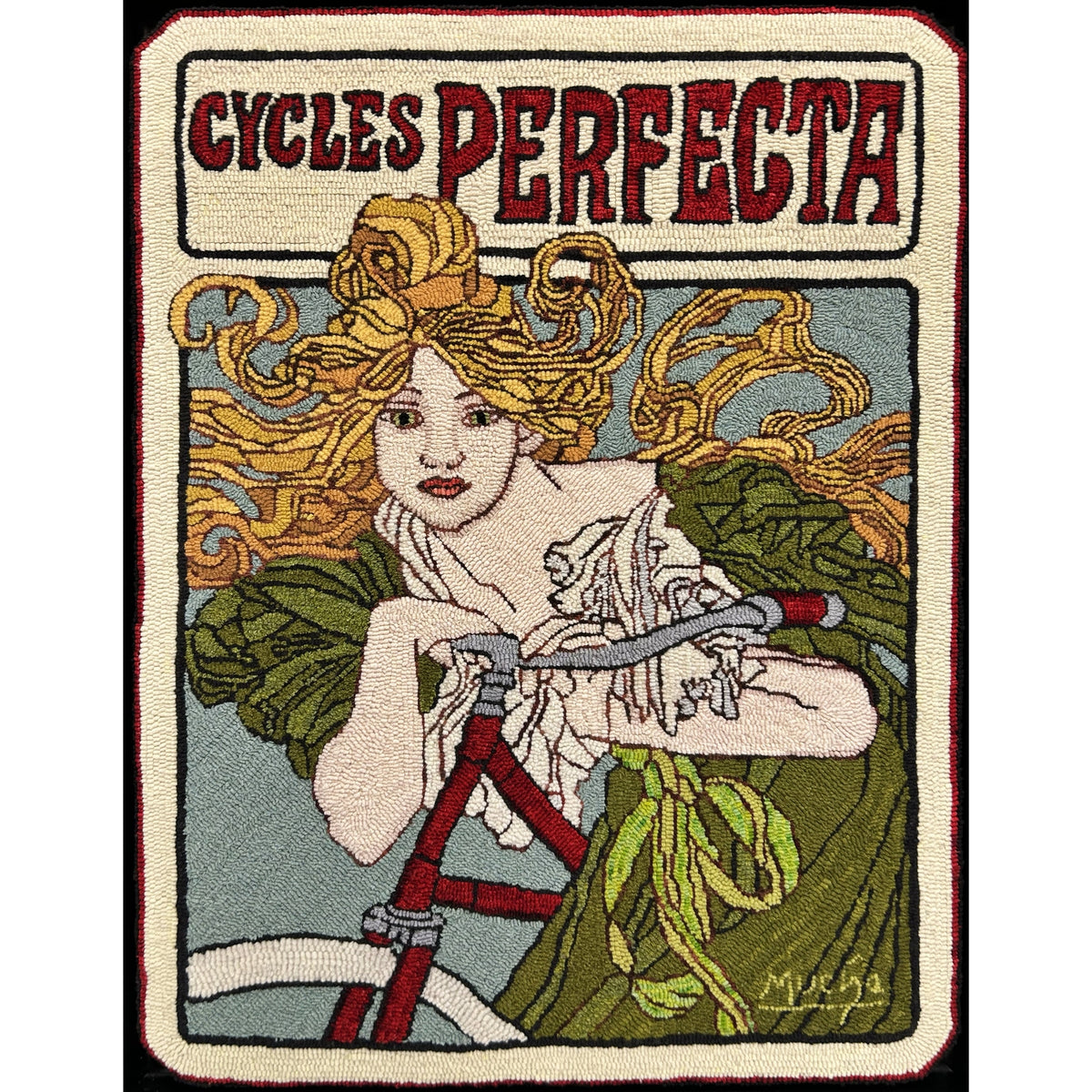 Perfecta Cycles Poster, rug hooked by Candy Allen