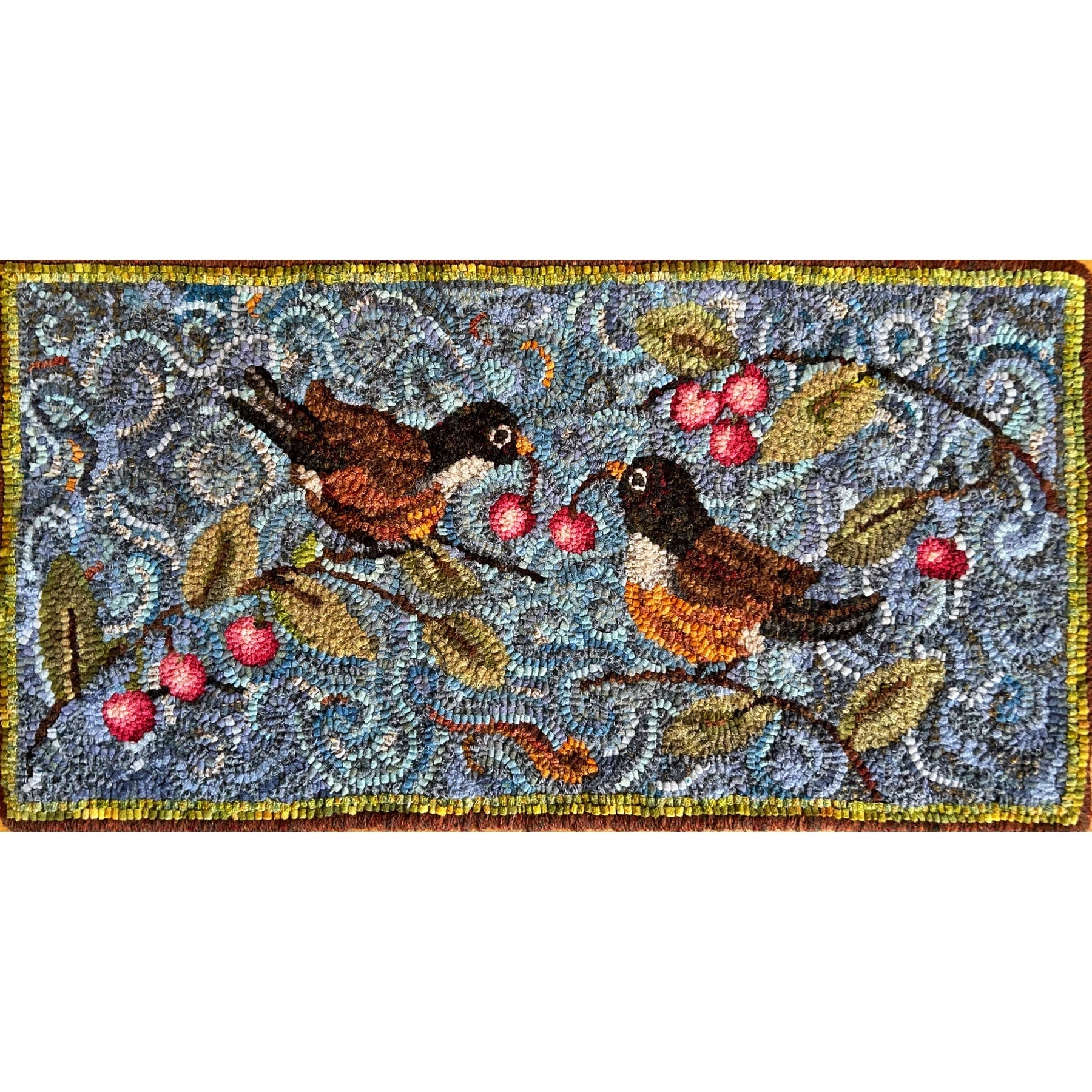 Robins and Cherries, rug hooked by Mary O'Donnell