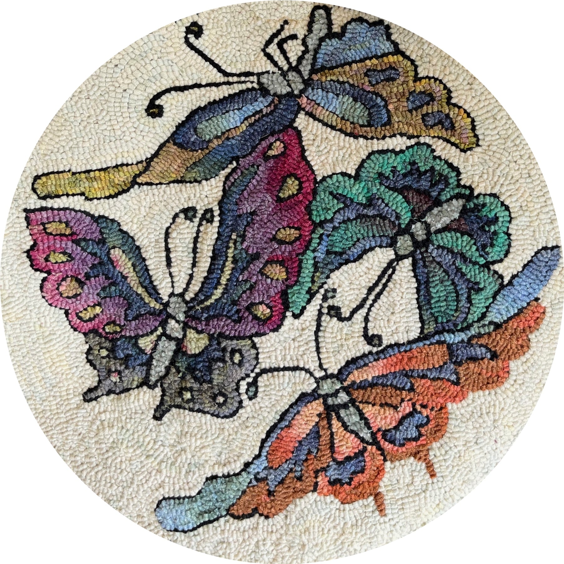 Oriental Butterflies, rug hooked by Lynne Powell