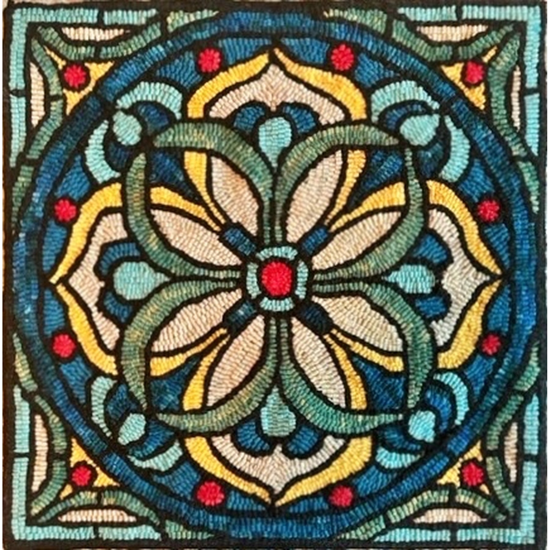 Stained Glass Mosaic, rug hooked by Stacey Watt