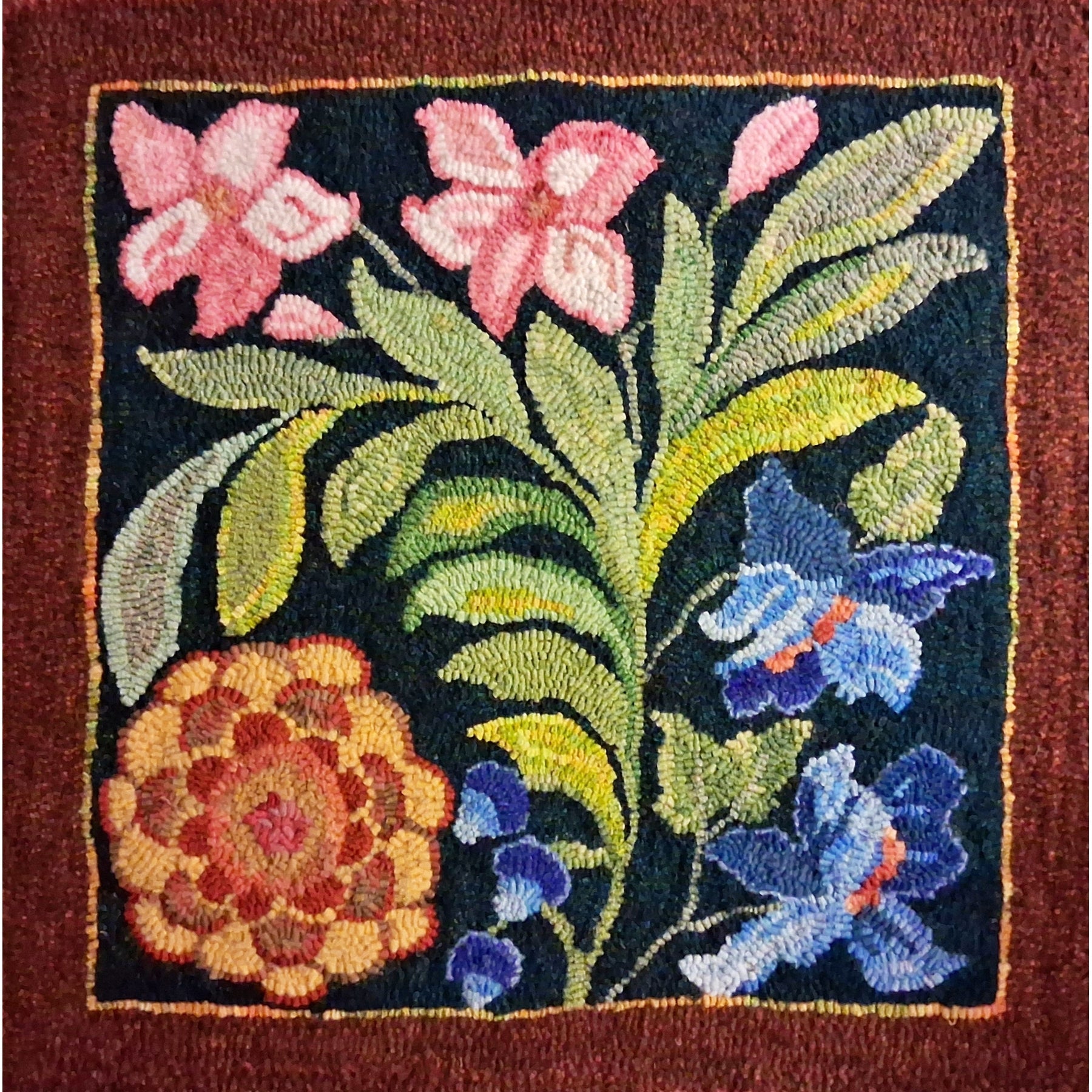 Larkspur Chintz, rug hooked by Nancy Richey