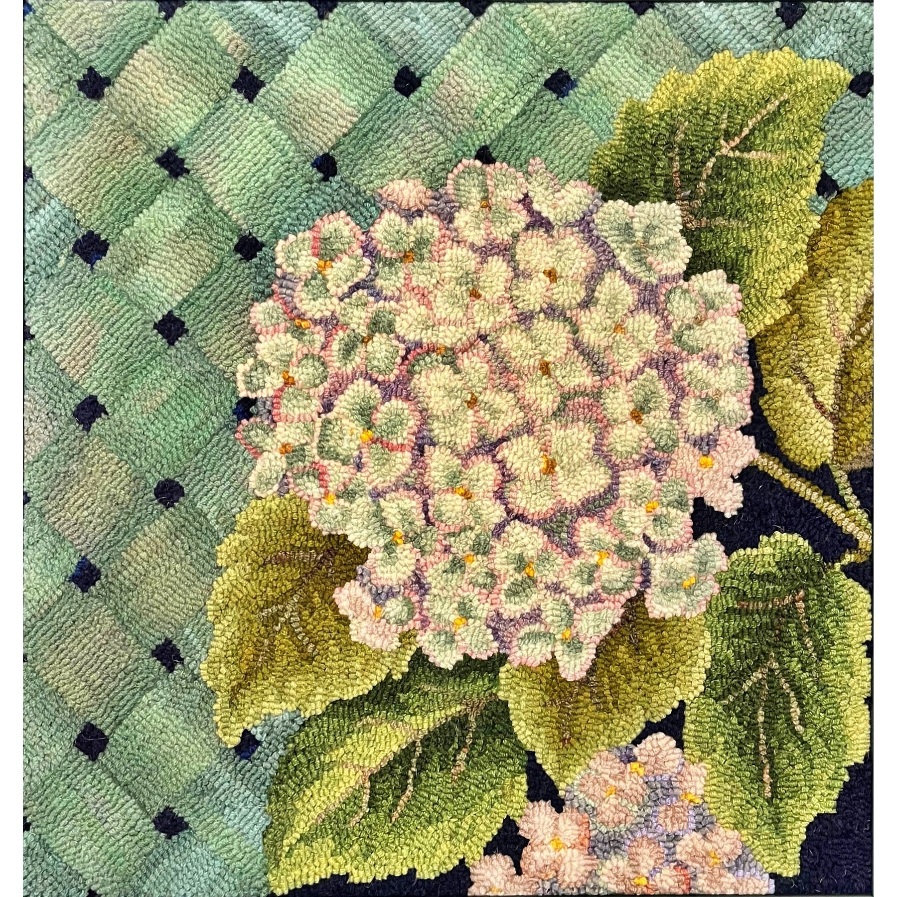 Hydrangea, rug hooked by Jane McGown Flynn