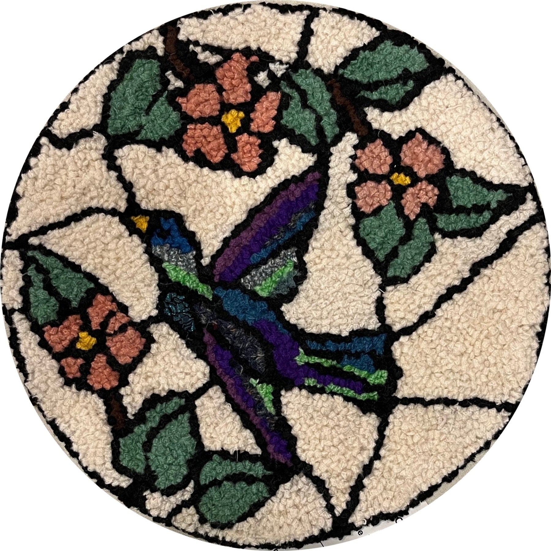 Stained Glass Hummingbird, rug hooked by Connie Barnett