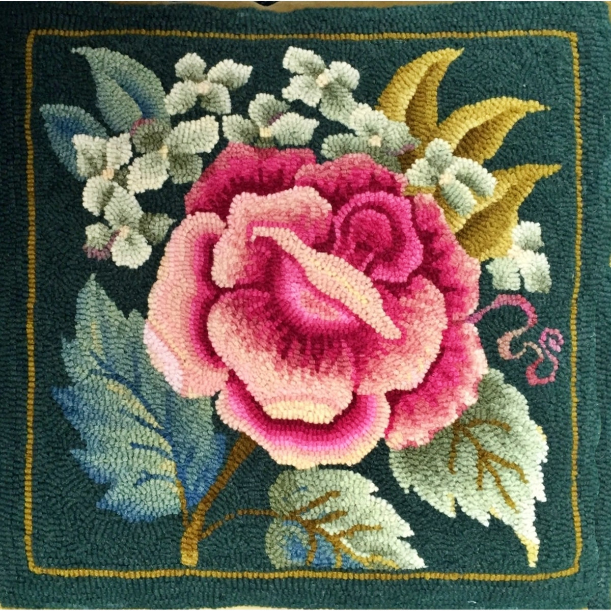 Rapture – Rose and Hydrangea, rug hooked by Marg Miller