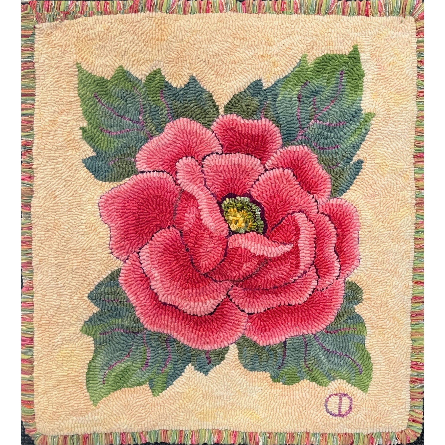 Alma's Reunion Rose, rug hooked by Cyndy Duade