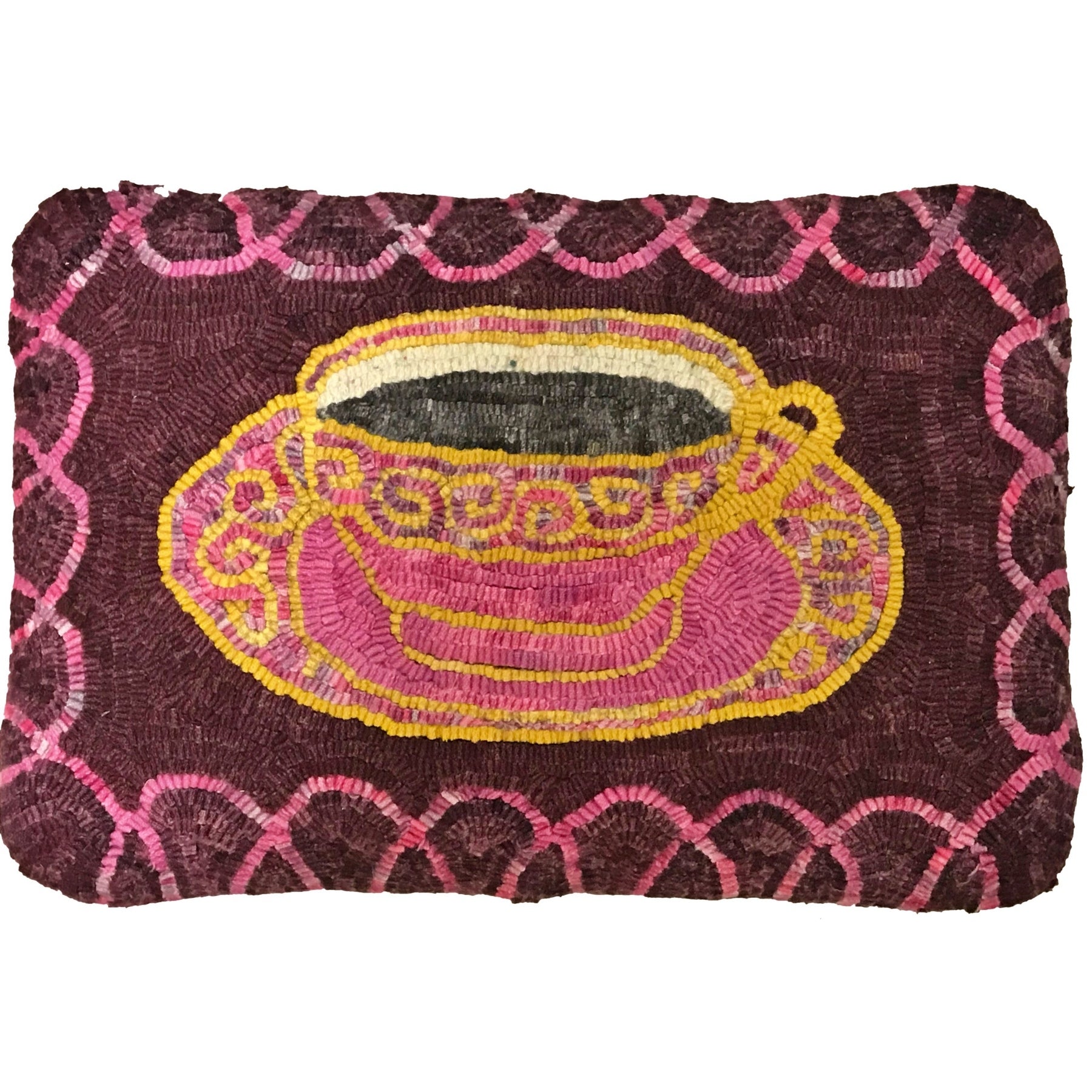 Teacup - Queen Anne Footstool Pattern, rug hooked by Debbie Douglas