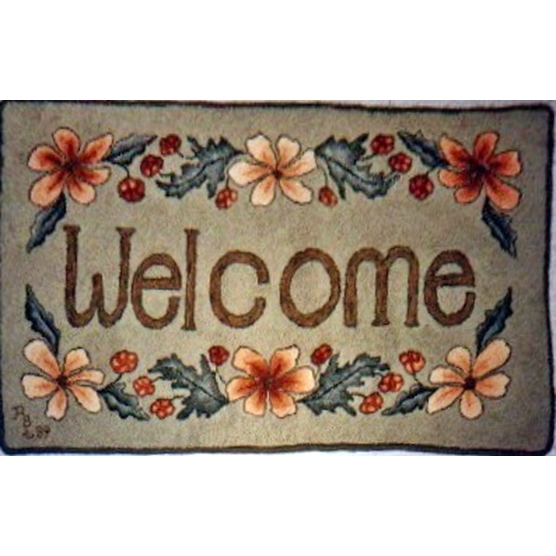 Welcome-Open Flower, rug hooked by Robin Haruna