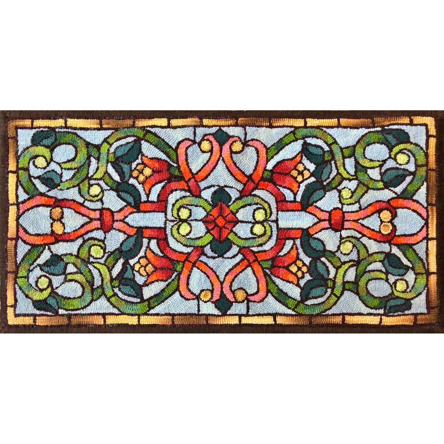 Stained Glass Bench, rug hooked by Melody Lavy