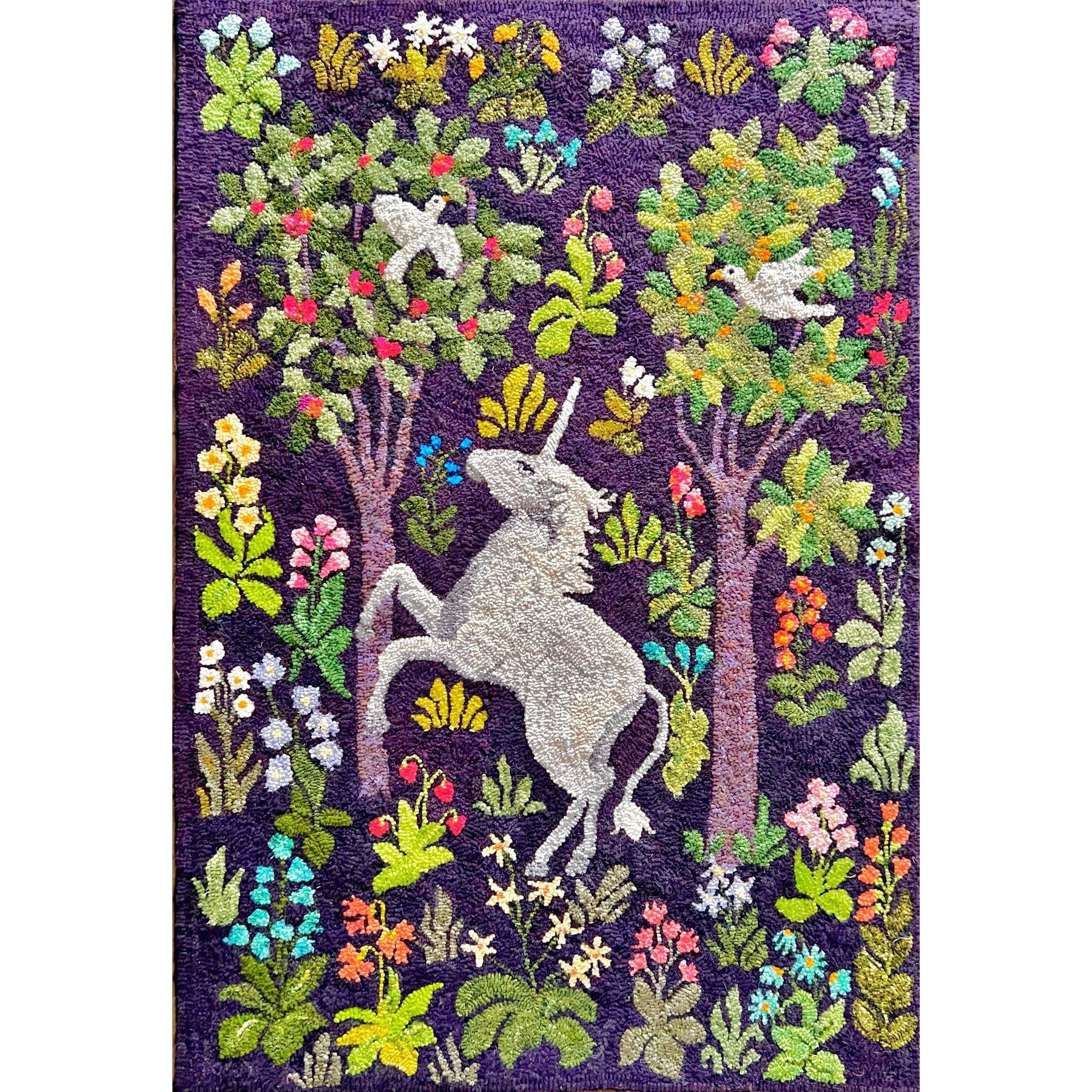 Unicorn Tapestry, rug hooked by Kathy Cowart
