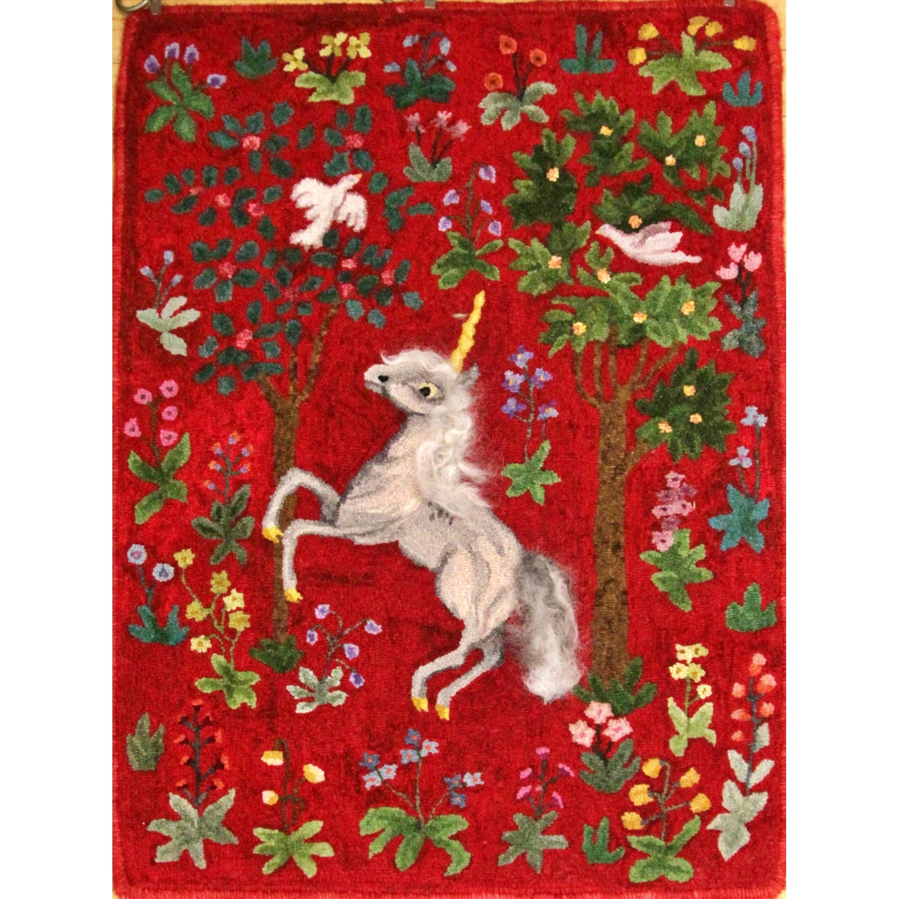 Unicorn Tapestry, rug hooked by Pat Levin
