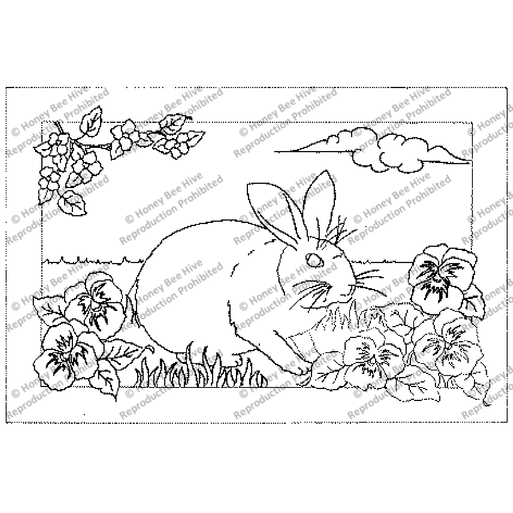 Bunny In A Pansy Patch, rug hooking pattern