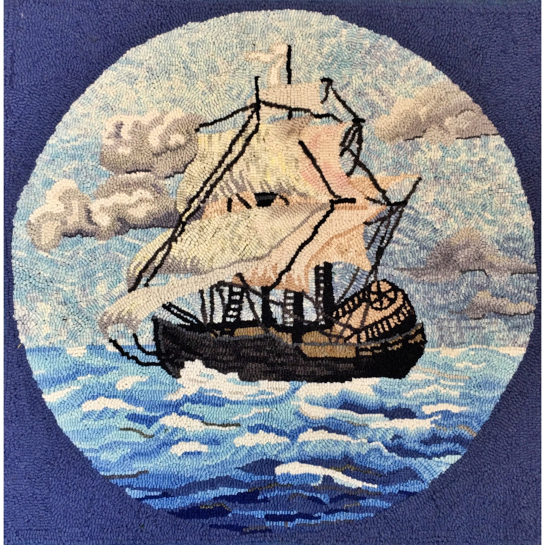 Return of the Tall Ships, rug hooked by Sondra Kellar