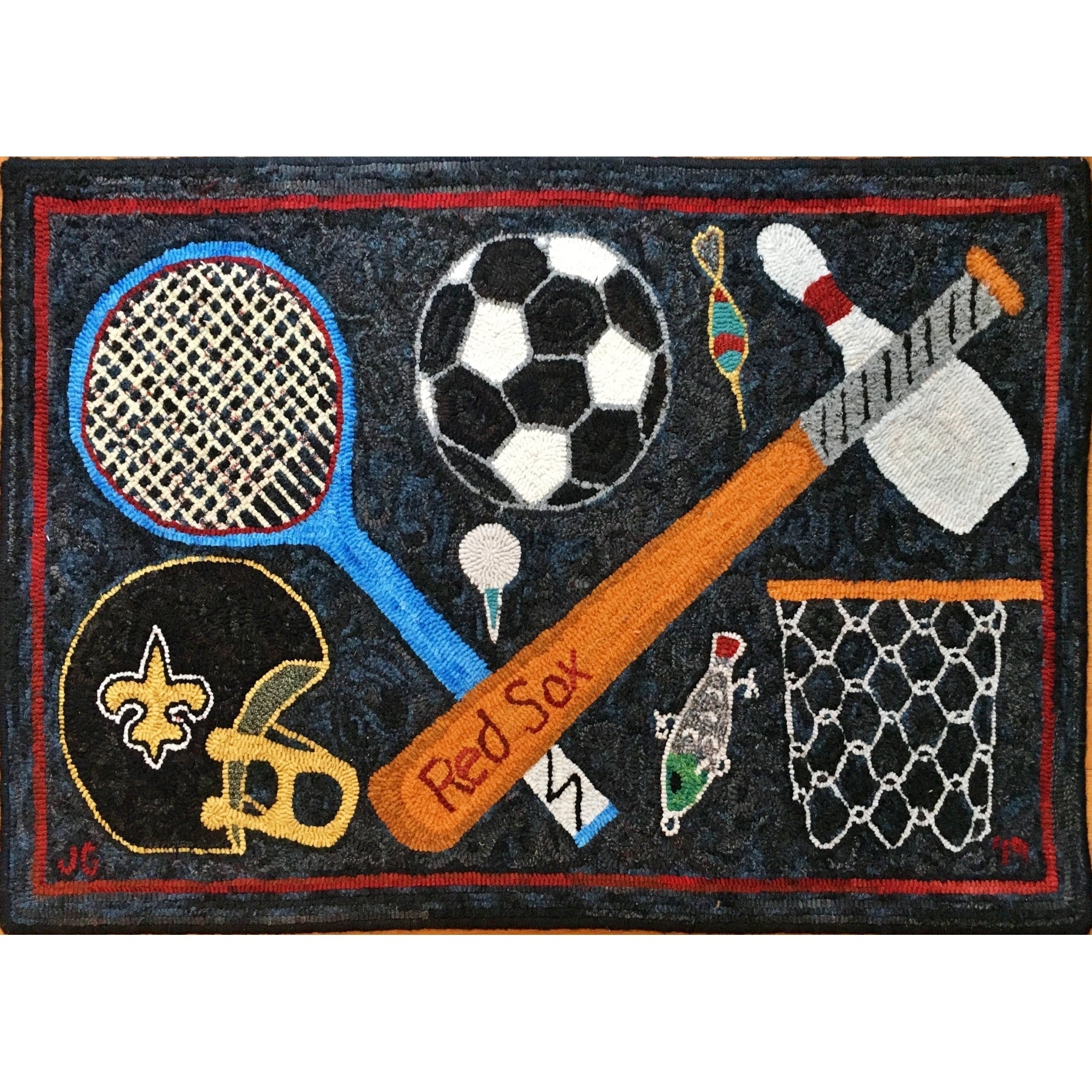 Good Sports, rug hooked by Jean Geswein