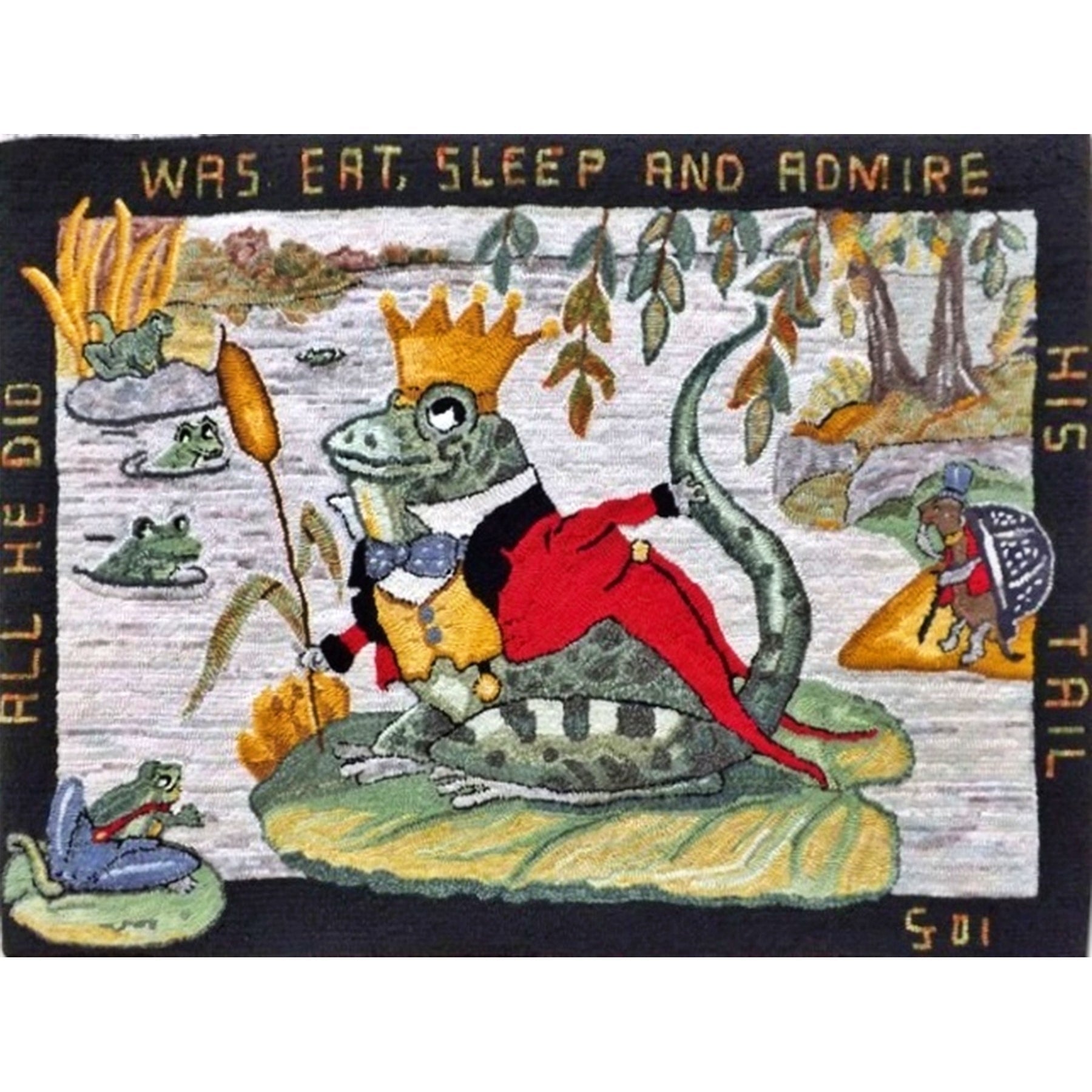 Burgess King Frog, rug hooked by Cinda Justice