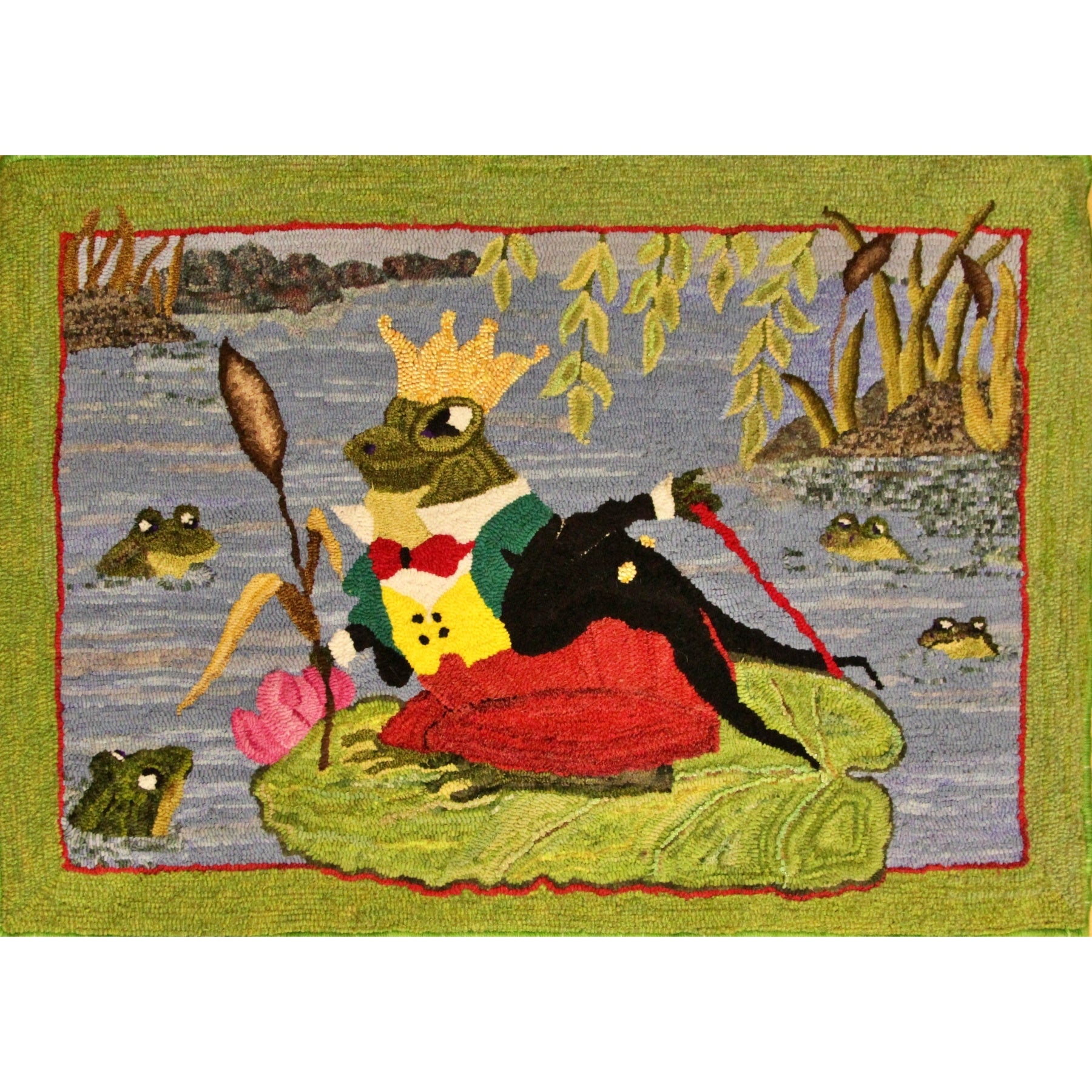 Burgess King Frog, rug hooked by Nancy Zuese