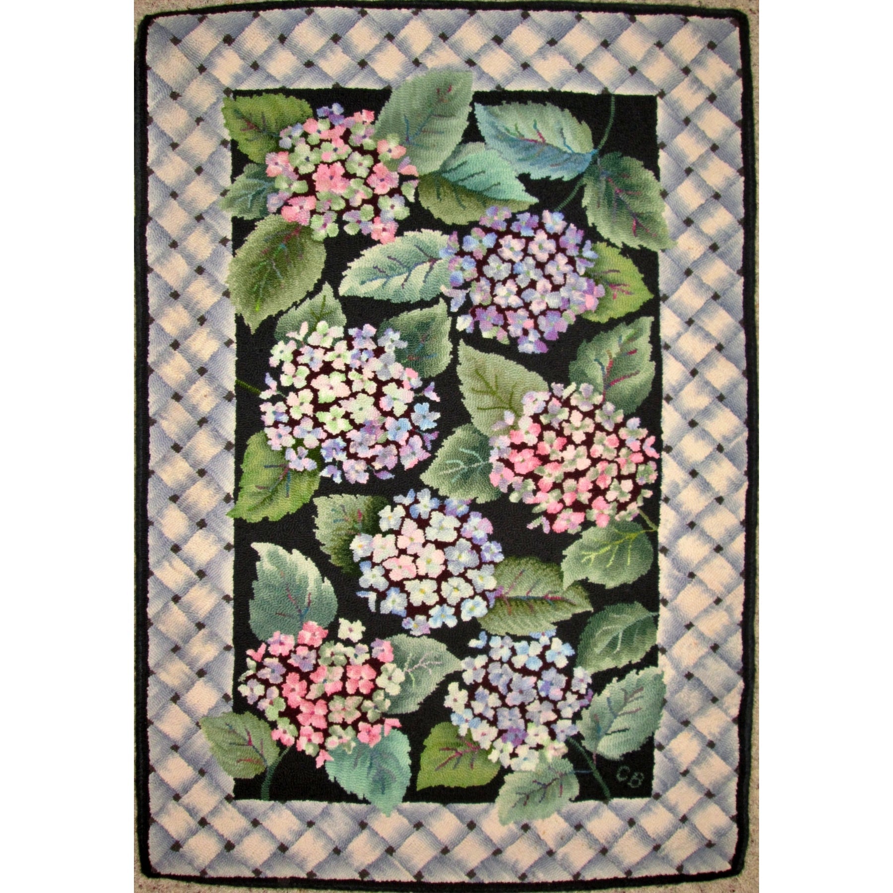 Hydrangeas, rug hooked by Connie Bradley