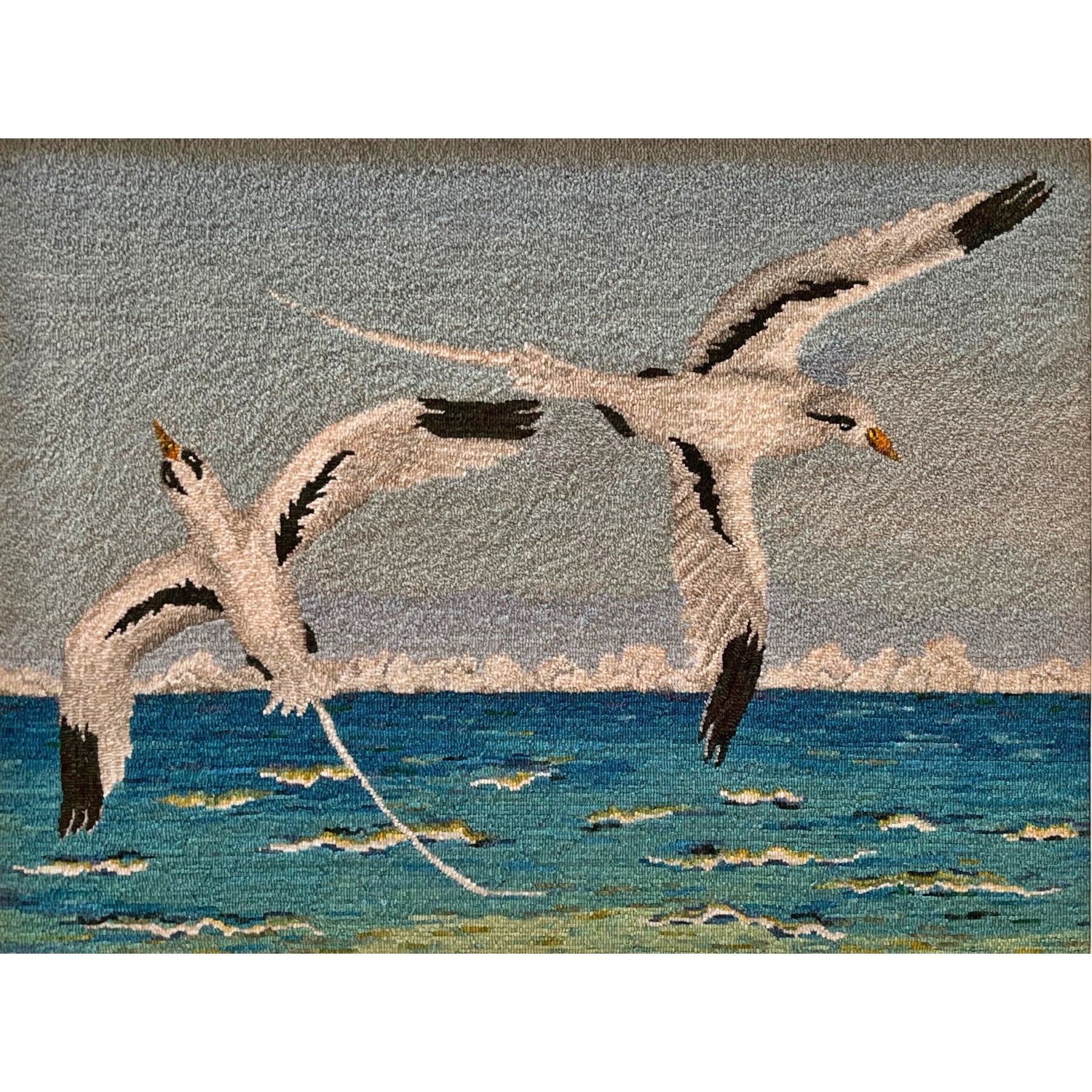 Soaring Longtails, rug hooked by Jane McGown Flynn