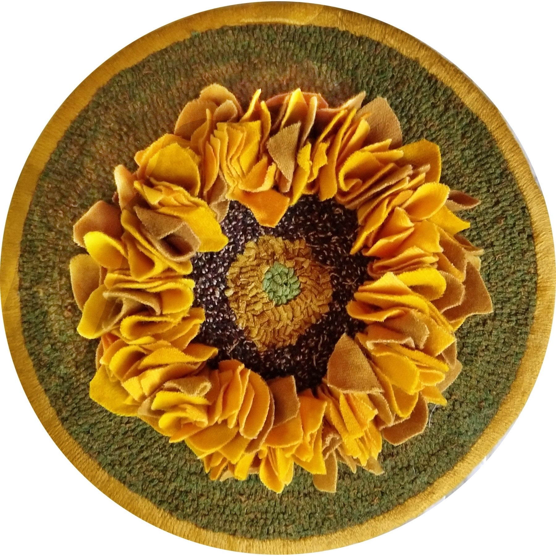 Sunflower, rug hooked by Liz Crouch
