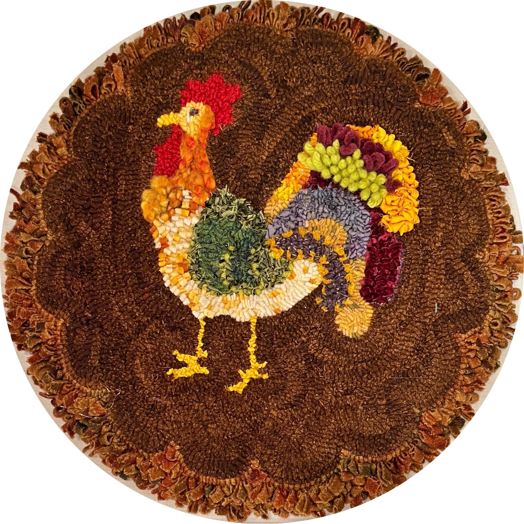 Rooster, rug hooked by Sue Reuelle