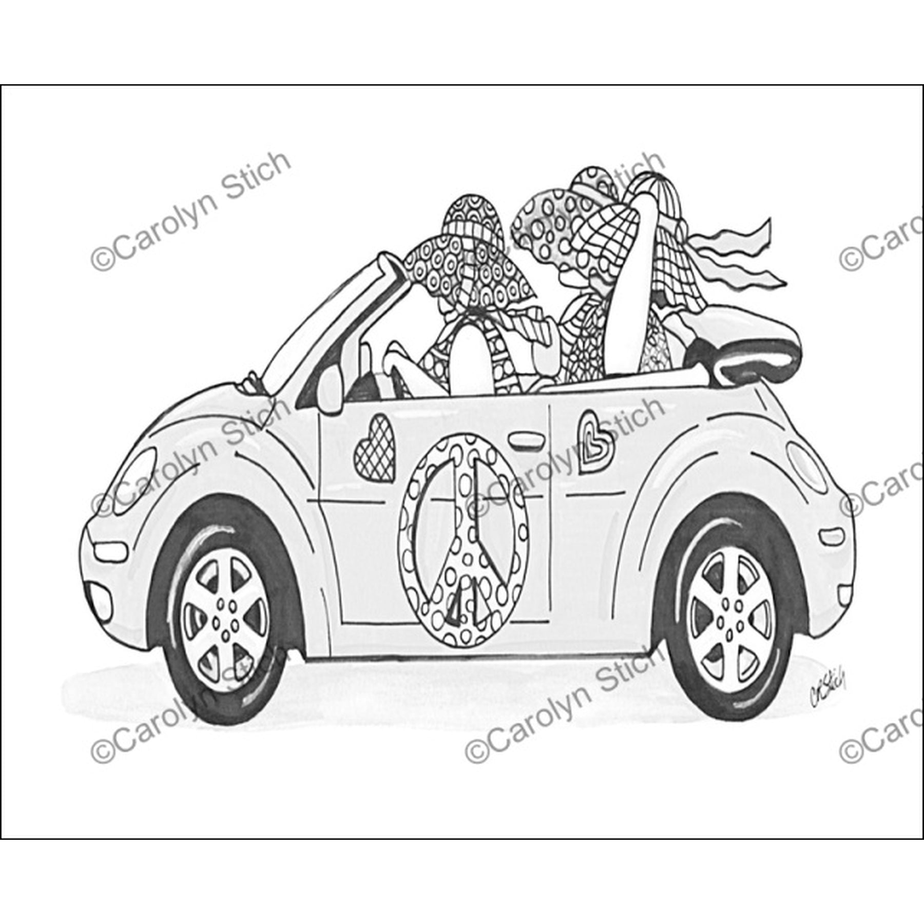 The Girls Cruisin in Style, rug hooking pattern