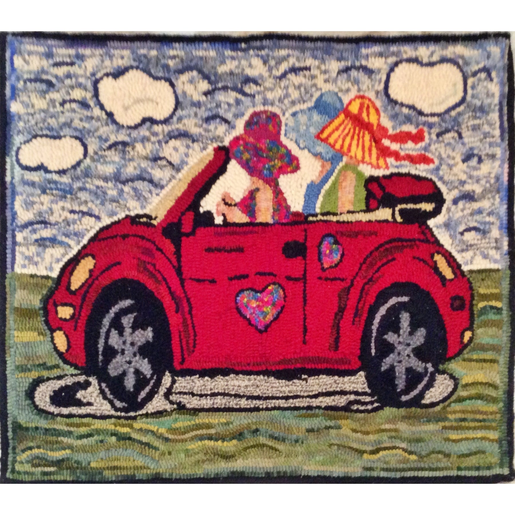 The Girls Cruisin in Style, rug hooked by Karin Payne