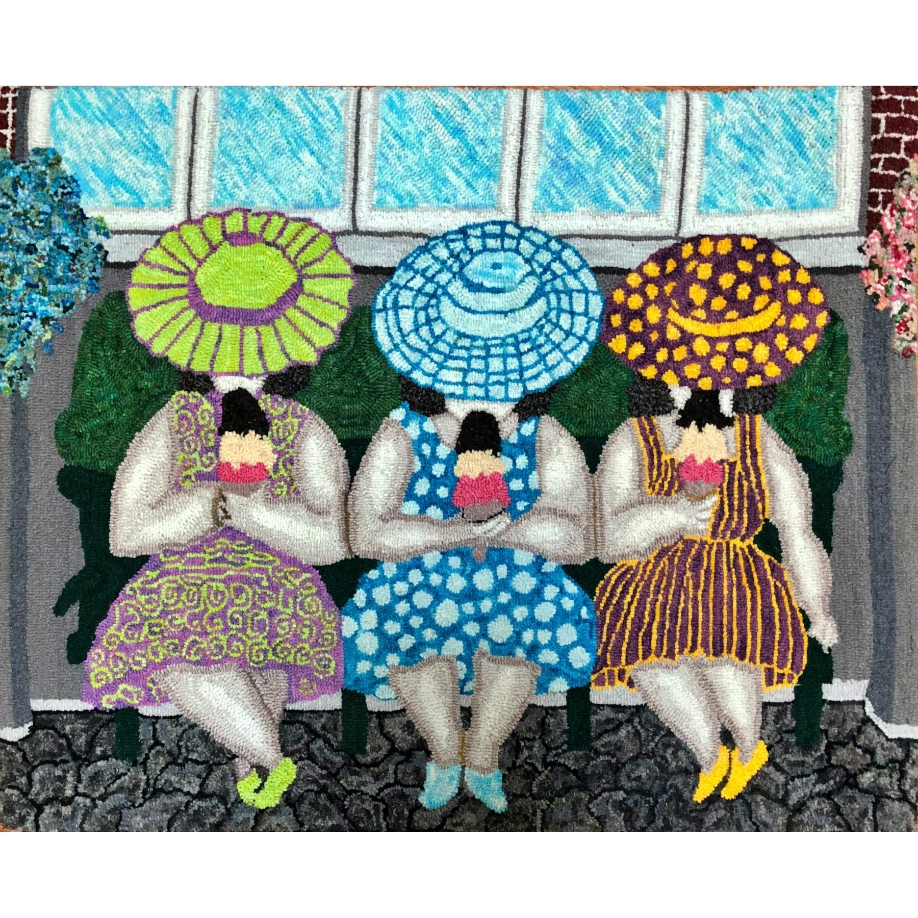 The Girls Doing Ice Cream, rug hooked by Carol Lachance