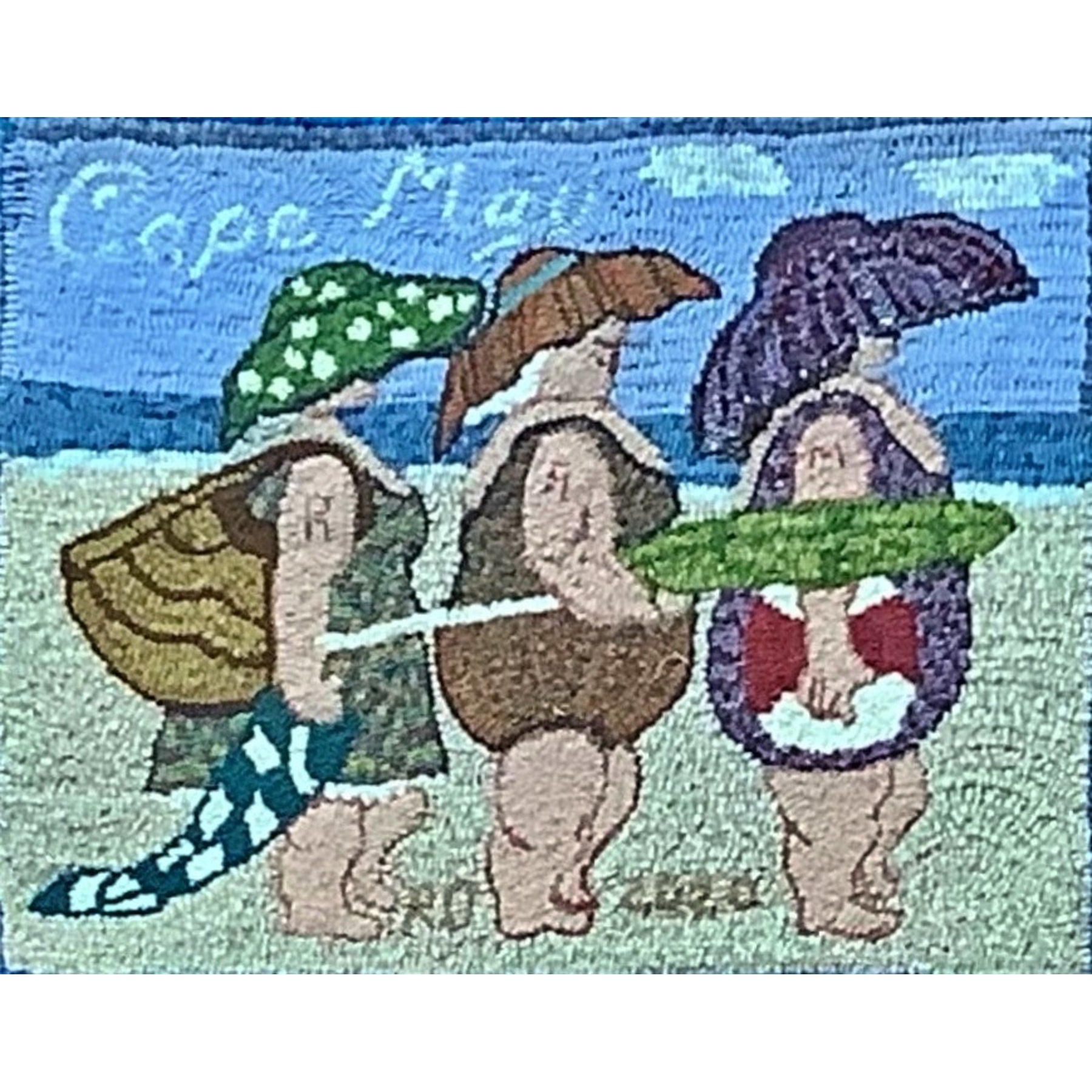 The Girls on the Beach, rug hooked by Roberta Olah