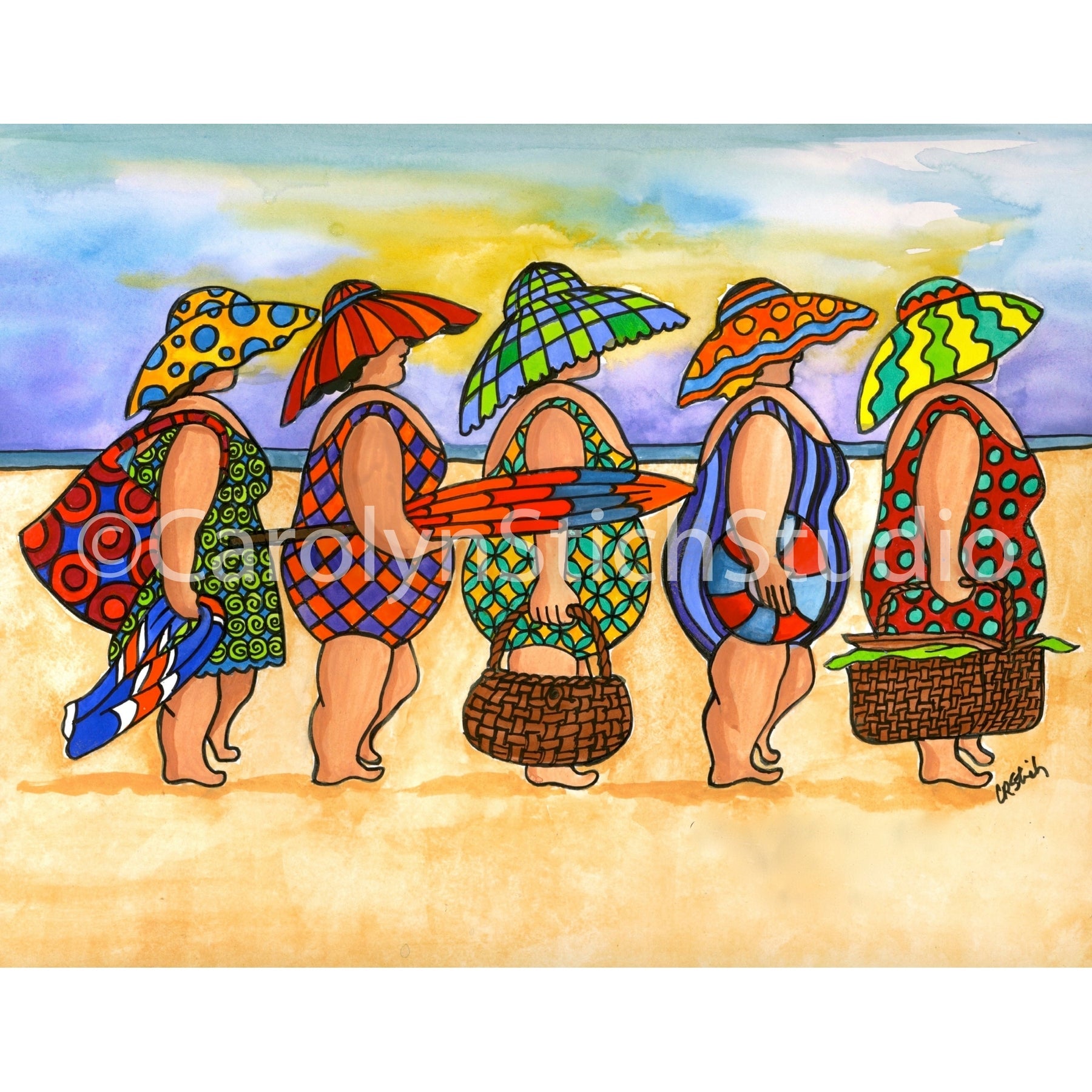 5 Girls on the Beach, rug hooking pattern
