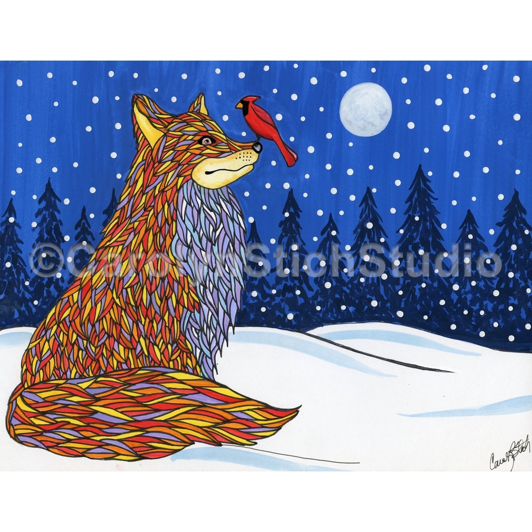 Winter Fox, rug hooking pattern