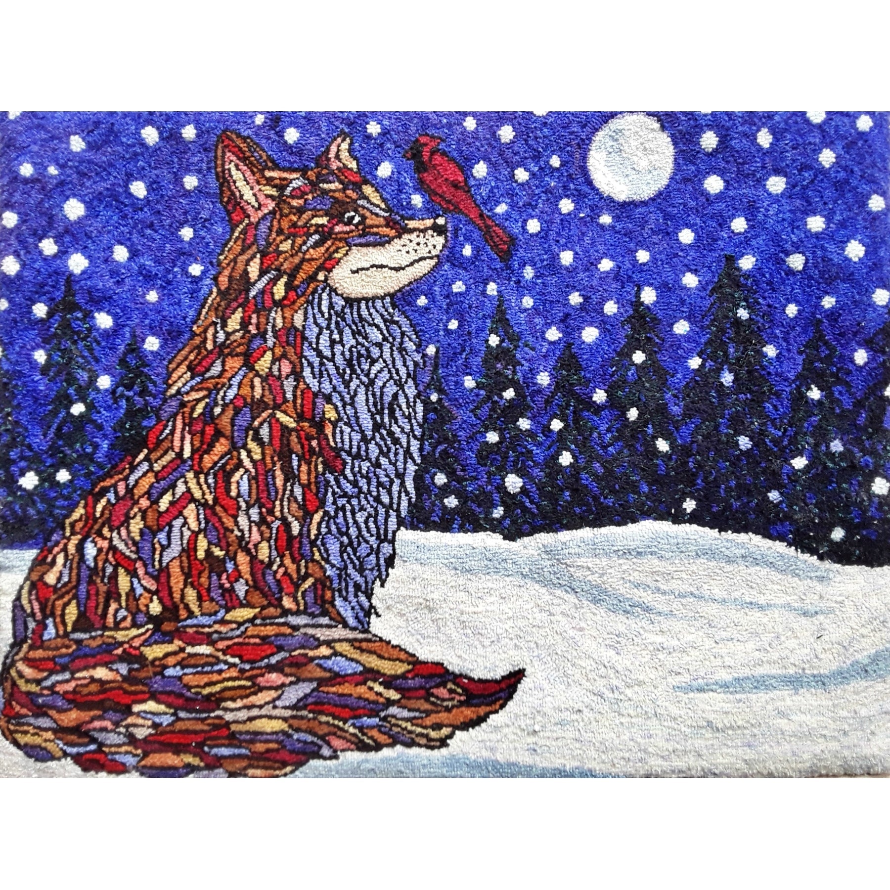 Winter Fox, rug hooked by Tricia Miller