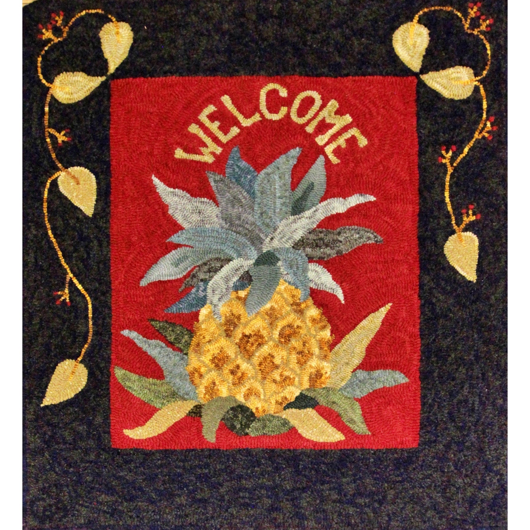 Welcome Pineapple - with Border, rug hooked by Cheryl Halliday