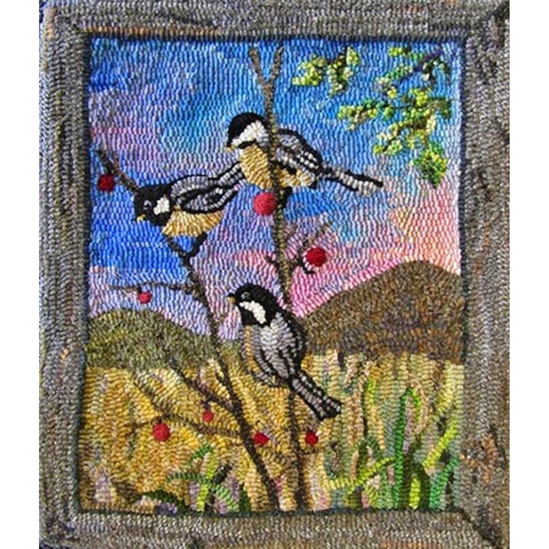 Chickadees, rug hooked by Gail Becker