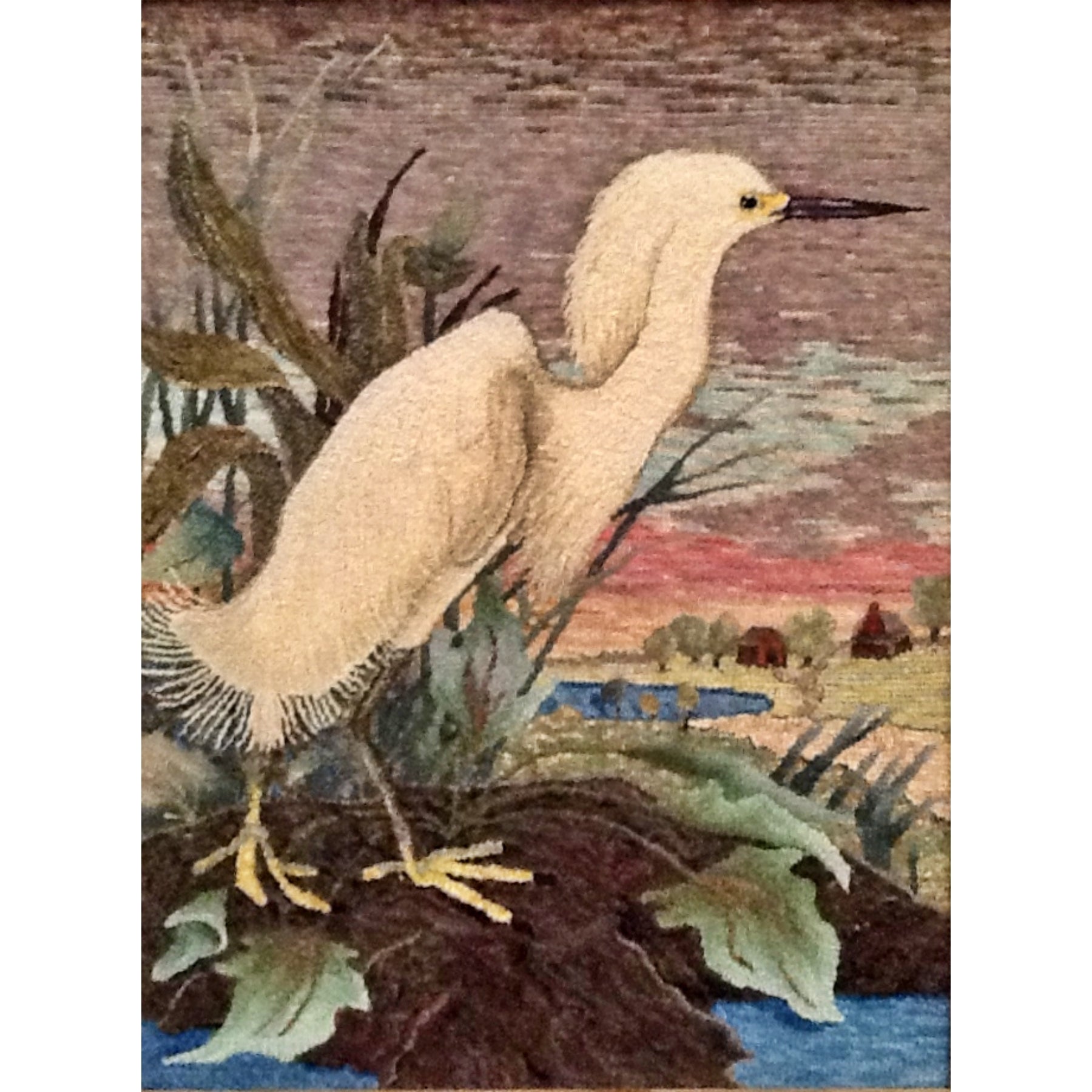 Snowy Egret, rug hooked by Jenny Podlasek