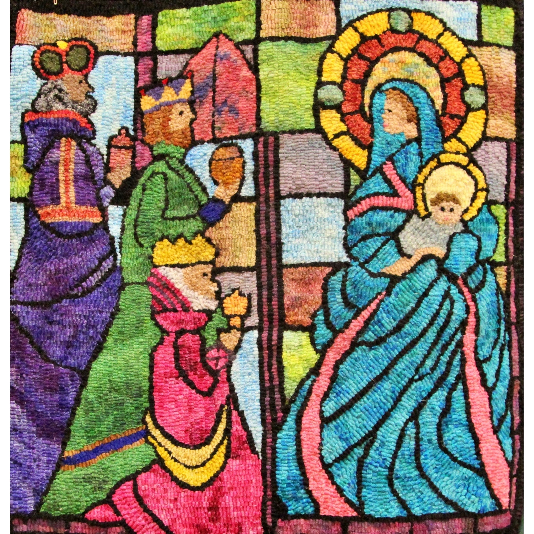 Stained Glass Nativity, rug hooked by Mary Osielski