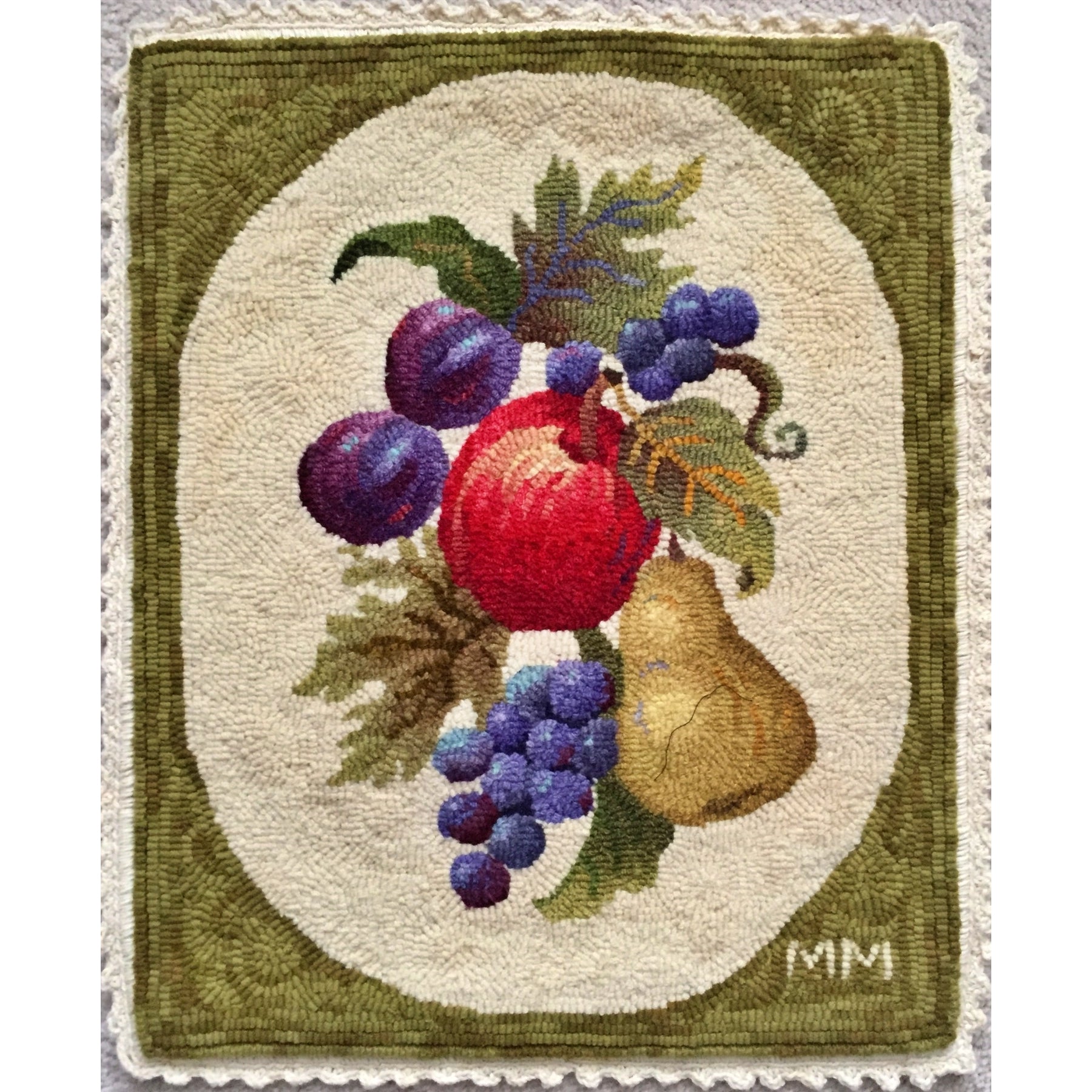 Fruit, rug hooked by Marg Miller