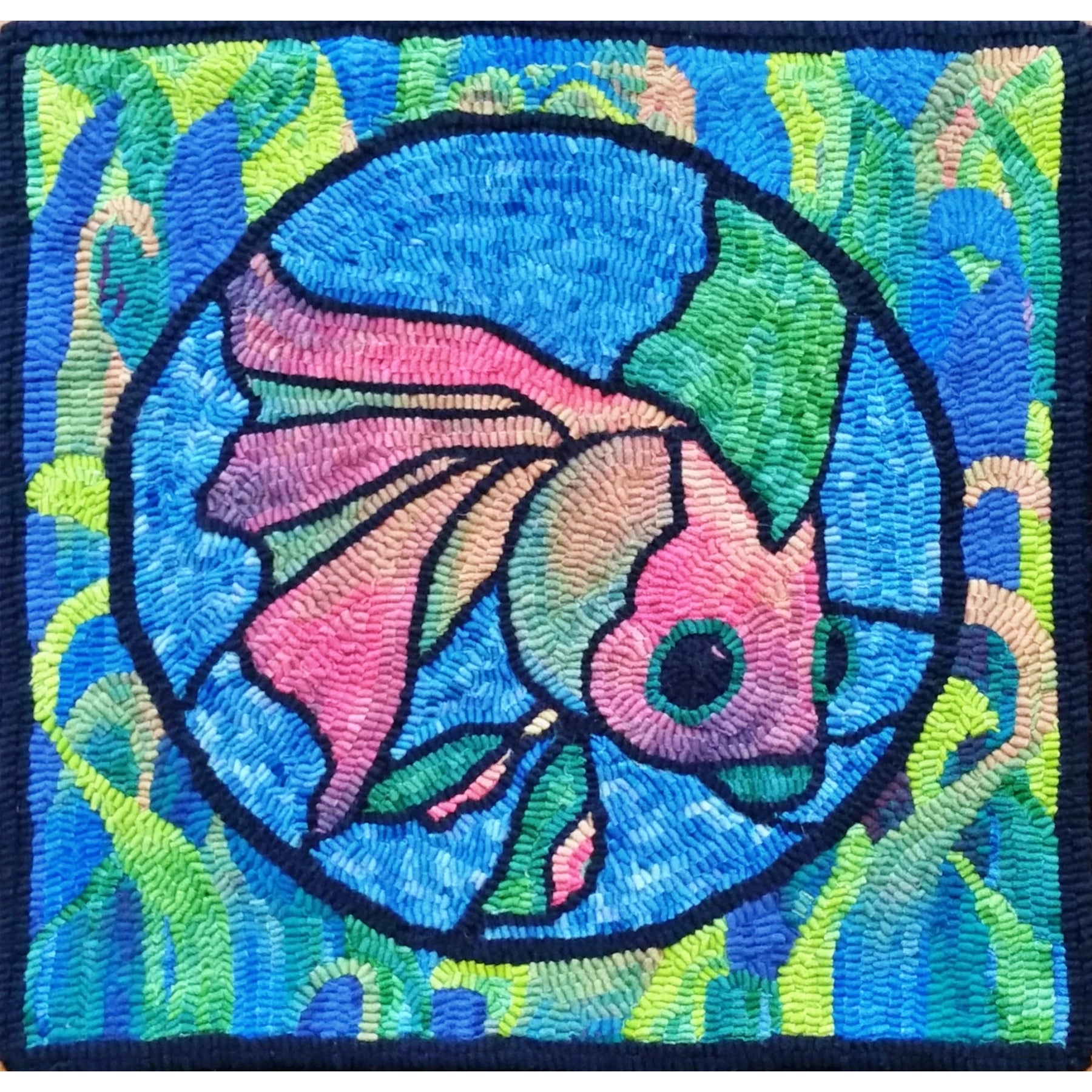 Stained Glass Fish, rug hooked by Nancy Gingrich