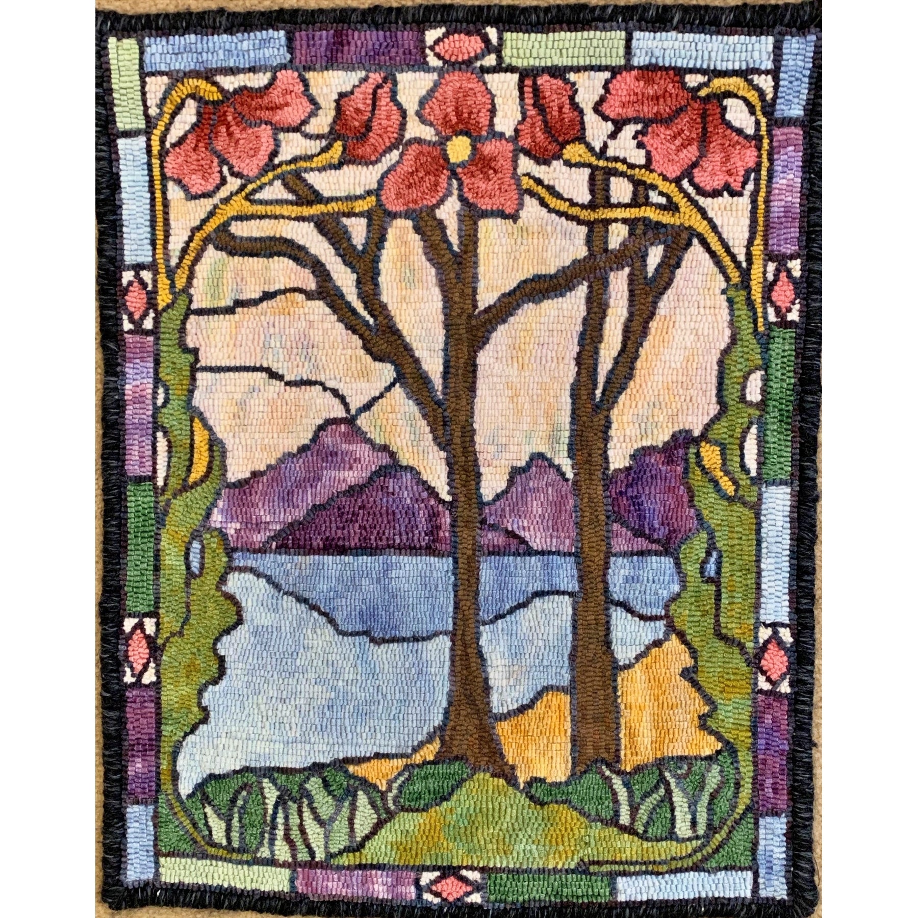 Stained Glass Landscape, rug hooked by Margaret Bedle