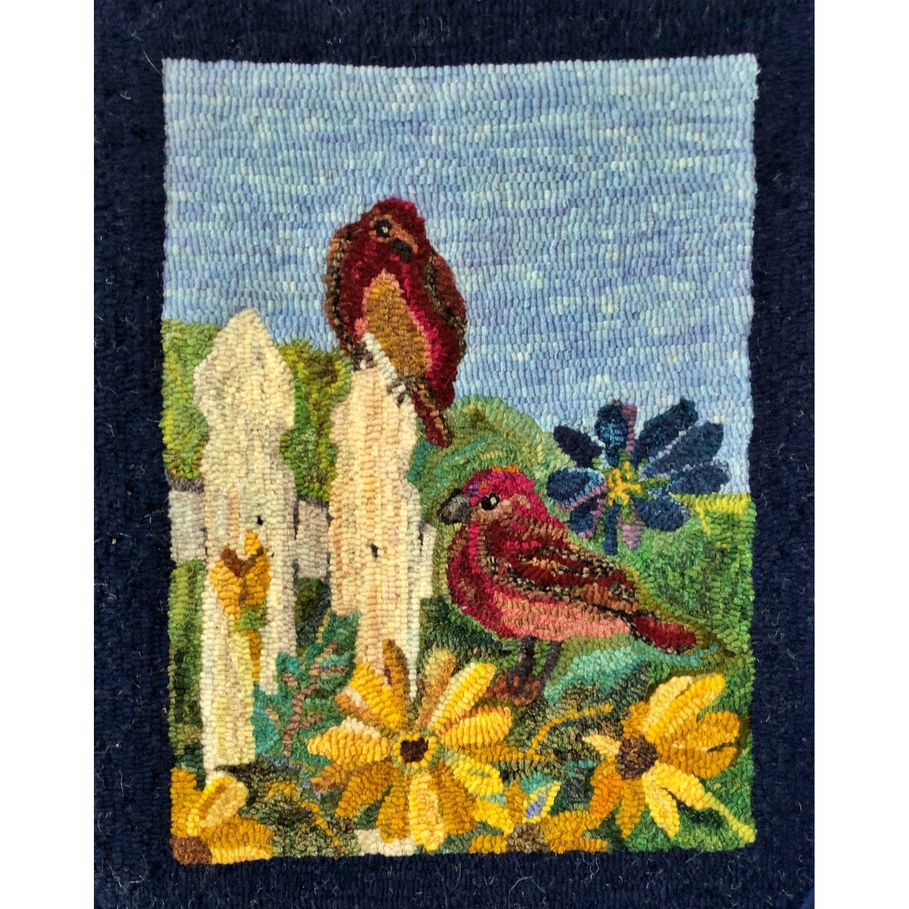 Finches, rug hooked by Celeste Bessette