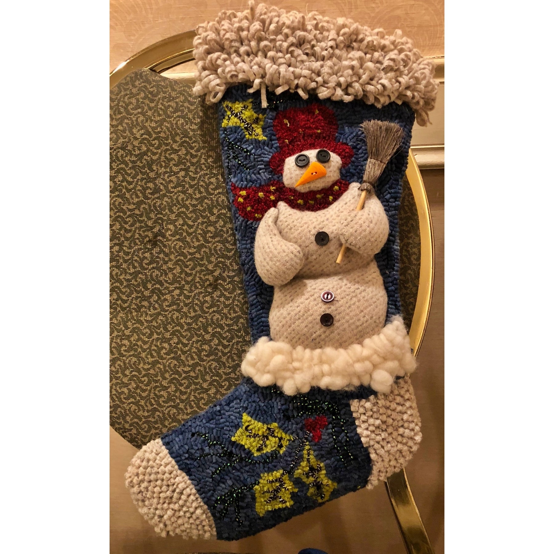 Snowman Stocking, rug hooked by Karen Dunklee