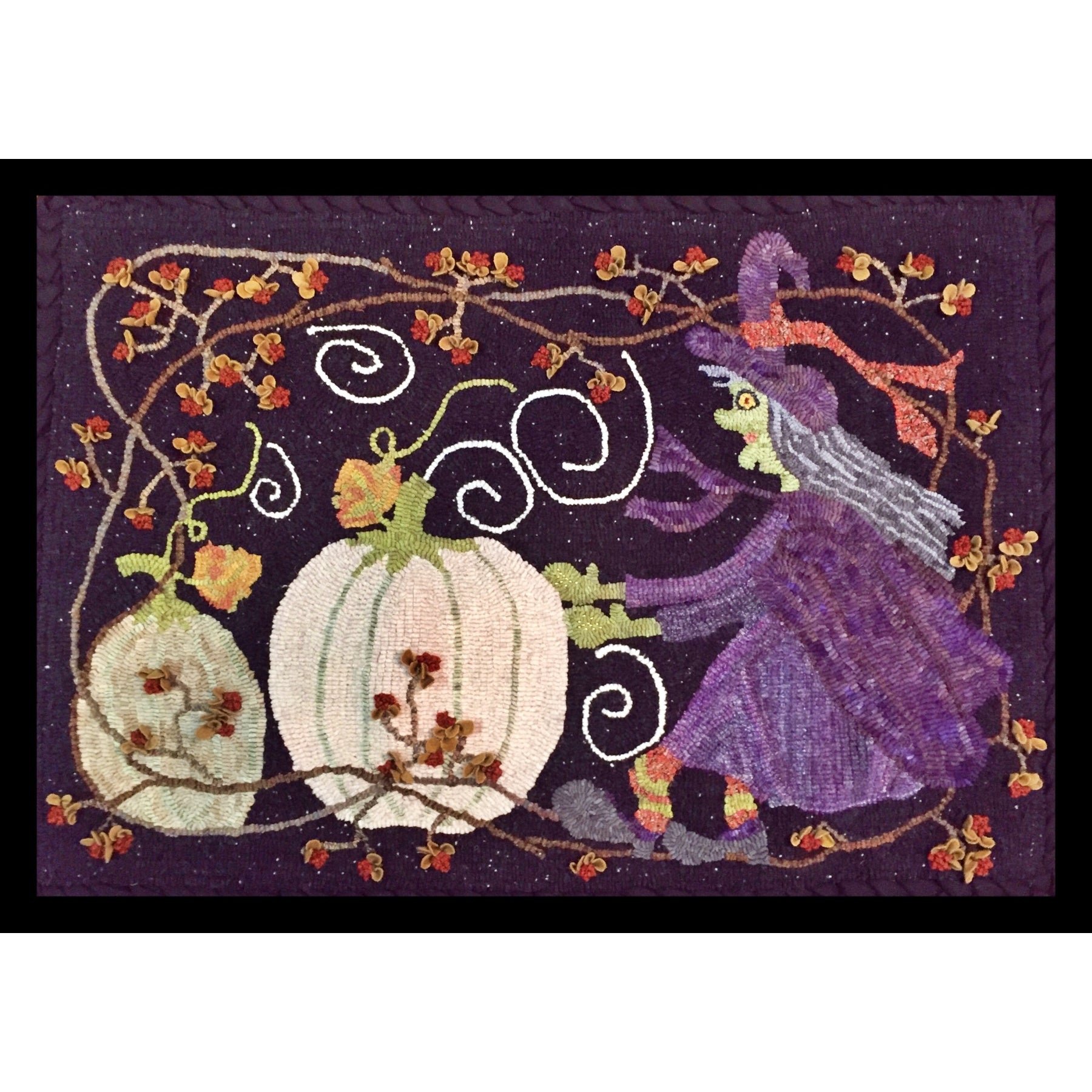 Witch's Pumpkin Search, rug hooked by Karen Barnhart