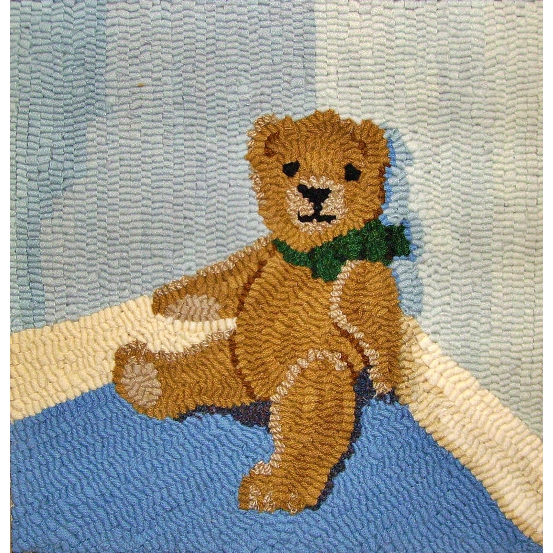 Corner Teddy Bear, rug hooked by Kay Forbush