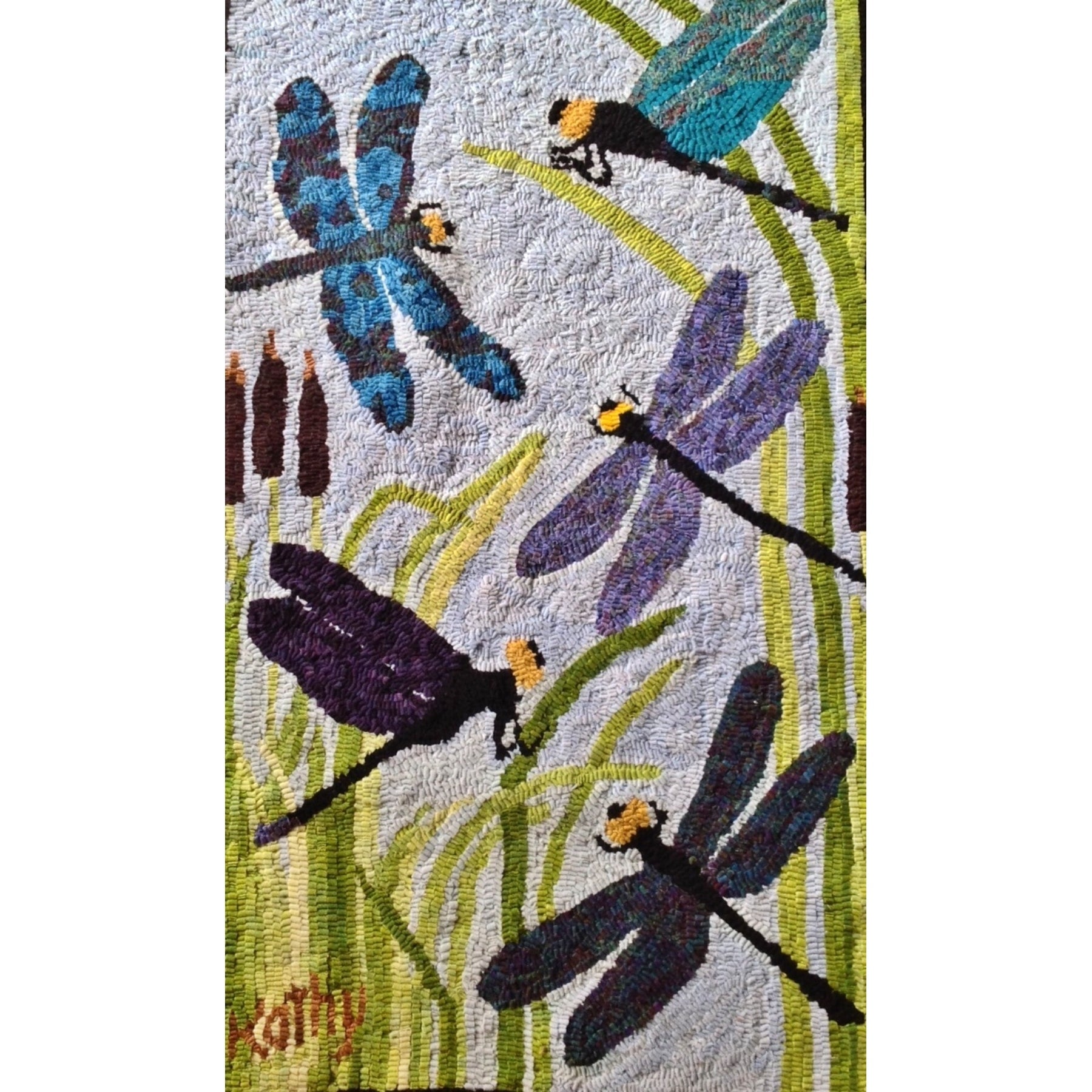 Dragonflies, rug hooked by Kathy Ryer
