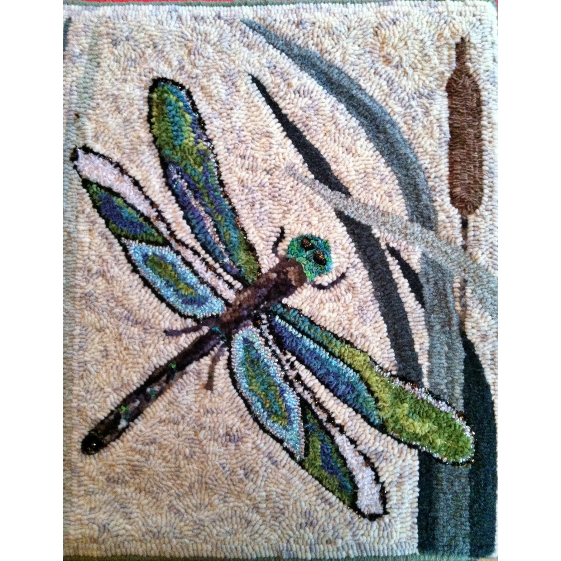Dragonflies, rug hooked by Ellen Gould