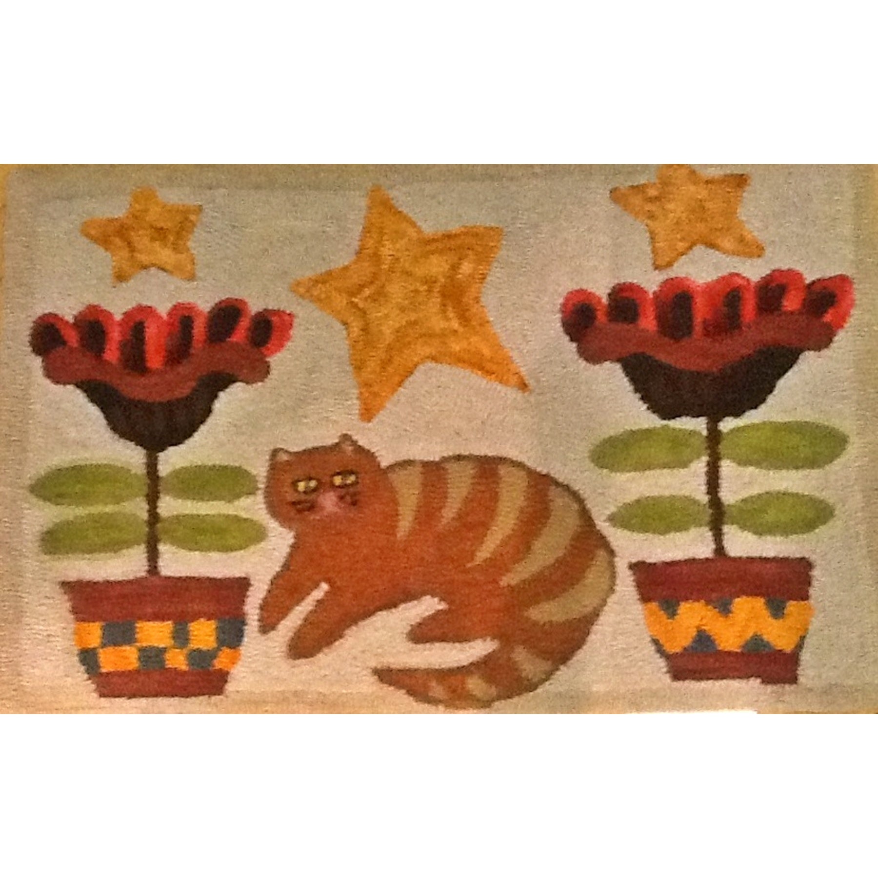 Tiger In Pots, rug hooked by Patricia Boysen