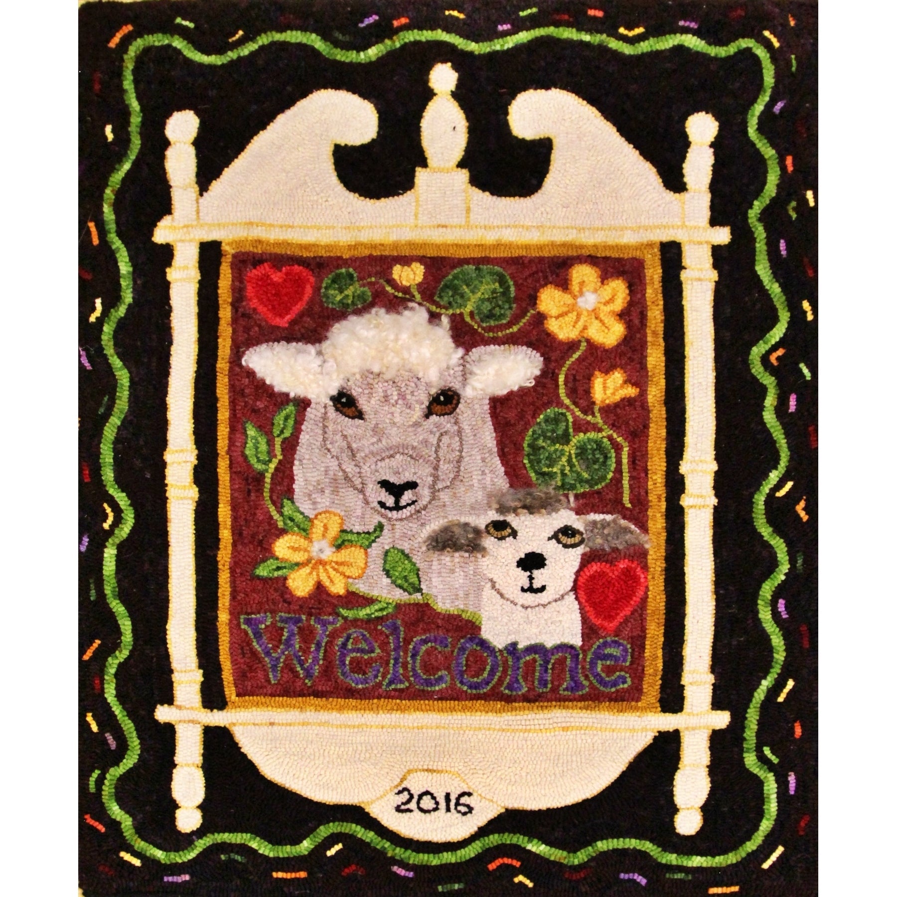 A Wooly Welcome, rug hooked by Bonnie Roycewky