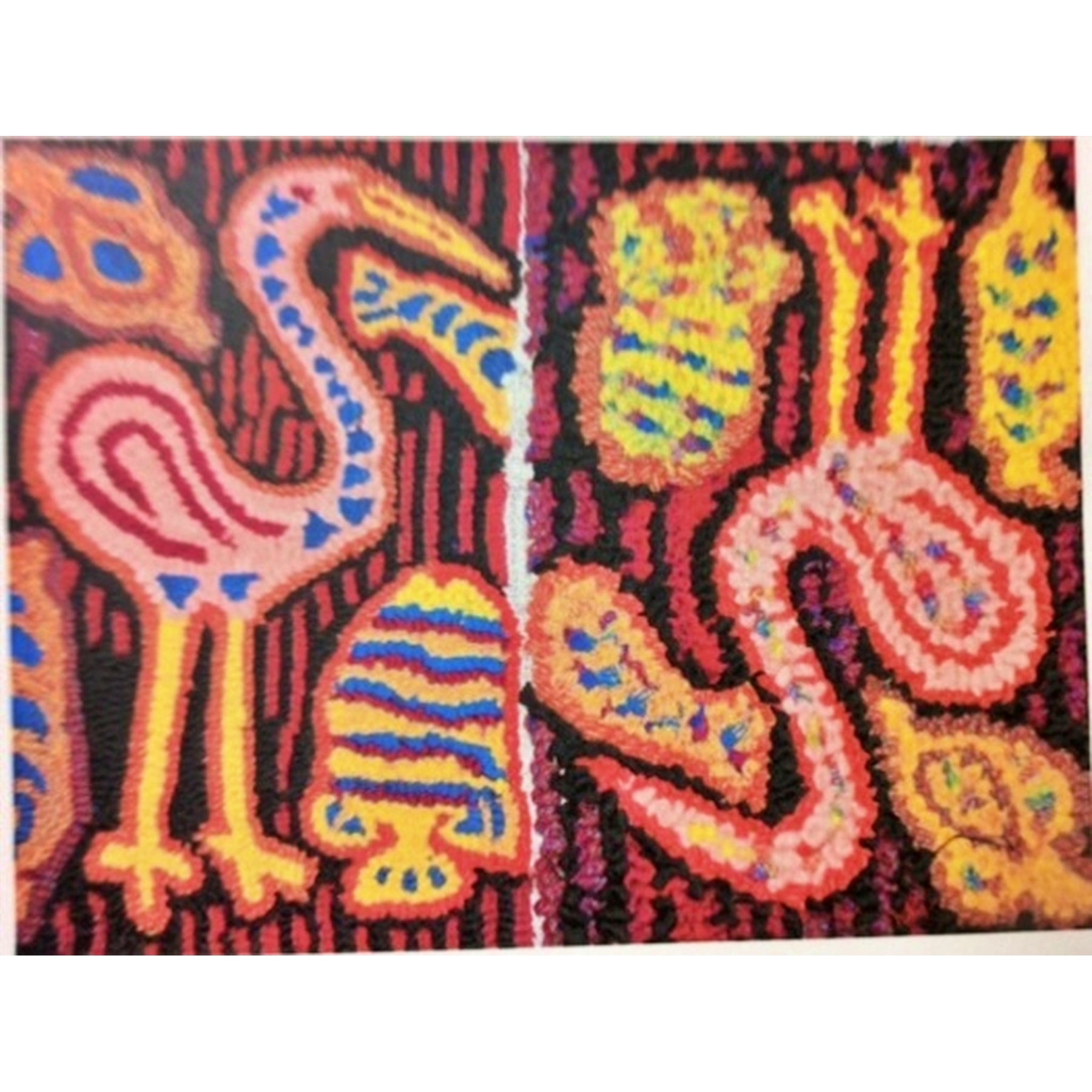Heron & Fish Mola, rug hooked by Elyse Olson