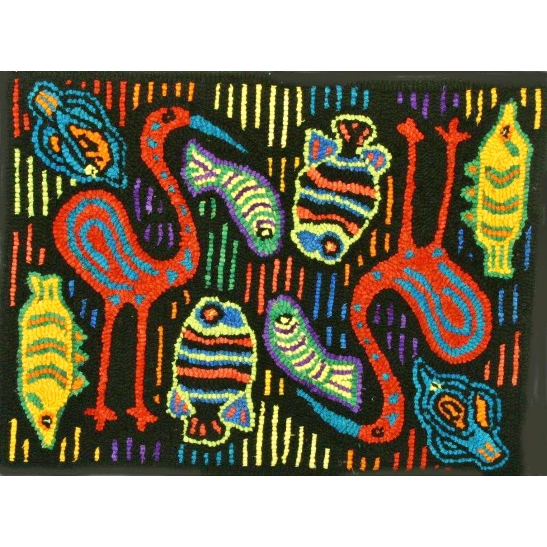 Heron & Fish Mola, rug hooked by Karen Guffey